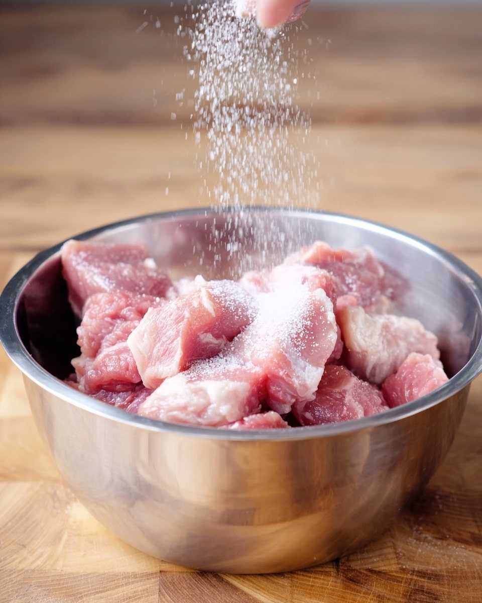 A shiny metal bowl filled with several pieces of raw pink meat with white fat. Above the bowl, a woman's hand sprinkles white salt over the meat in thin, falling grains. The bowl sits on a wooden surface with a soft natural light highlighting the textures of the meat and salt. photo taken with an iphone --ar 4:5 --v 7