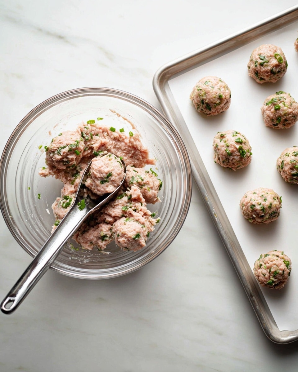 The image shows a clear glass bowl on a white marbled surface filled with a light pinkish mixture of ground meat and chopped green herbs. A metal ice cream scoop rests in the bowl, partially filled with the mixture. To the right, there is a white baking tray with nine evenly spaced raw meatballs, each round and similar in size, with visible green herb bits throughout. The scene is bright with natural light and clean, simple kitchen setup. photo taken with an iphone --ar 4:5 --v 7