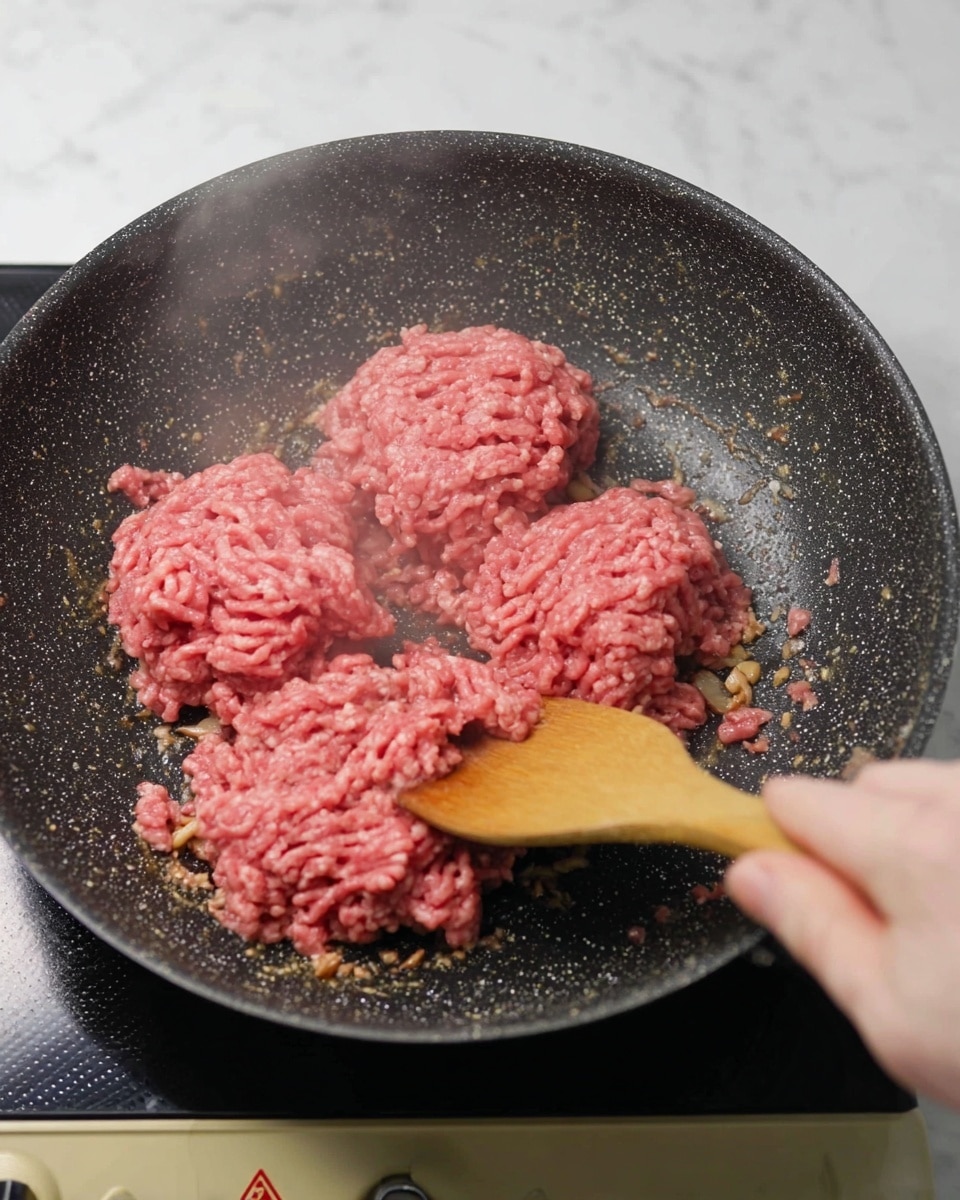 In a dark speckled frying pan, there are four large piles of raw pink ground meat being stirred with a wooden spoon held by a woman's hand coming from the left side. The texture of the meat is coarse with visible strands, and small bits of browned garlic pieces are visible under the meat. Light steam is rising from the pan, which sits on a stovetop with beige parts showing a warning label. The scene is set on a white marbled surface. photo taken with an iphone --ar 4:5 --v 7