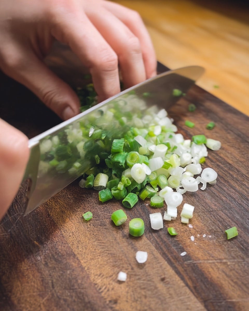 A woman's hand is holding a silver knife slicing green onions on a dark wooden cutting board; the knife blade reflects some of the white and green onion rings, and small round pieces of green onion are scattered on the cutting board with a few onion pieces slightly falling off the blade. Photo taken with an iphone --ar 4:5 --v 7