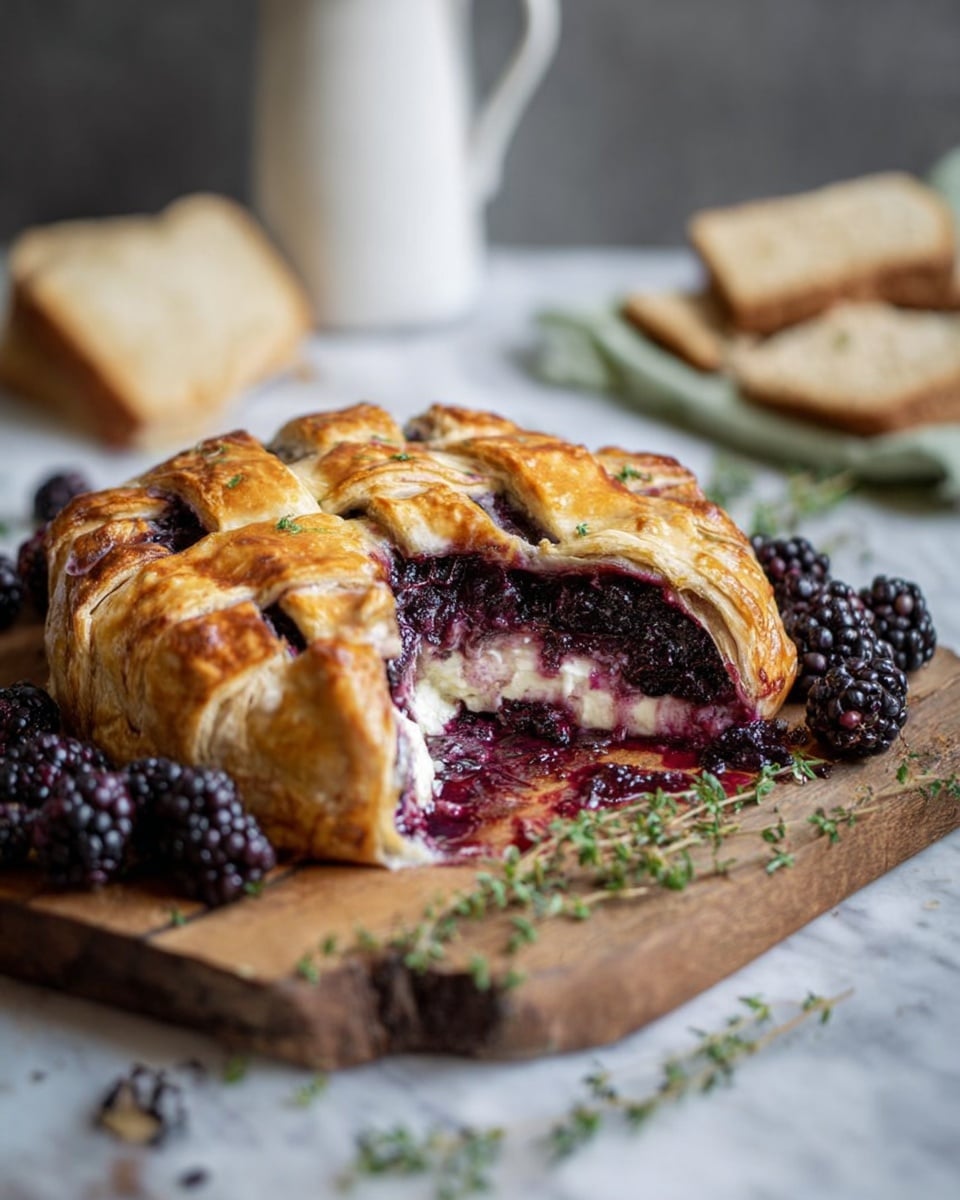 A rustic pie with a golden brown braided crust on top sits on a wooden board, cut open to reveal a thick, dark purple blackberry filling mixed with a soft white cream layer underneath. Around the pie are fresh blackberries and green sprigs of thyme, all placed on a surface with a white marbled texture. In the background, a white jug and some slices of bread are softly blurred. The overall look is warm and inviting with a focus on the rich colors and textures of the pie filling photo taken with an iphone --ar 4:5 --v 7