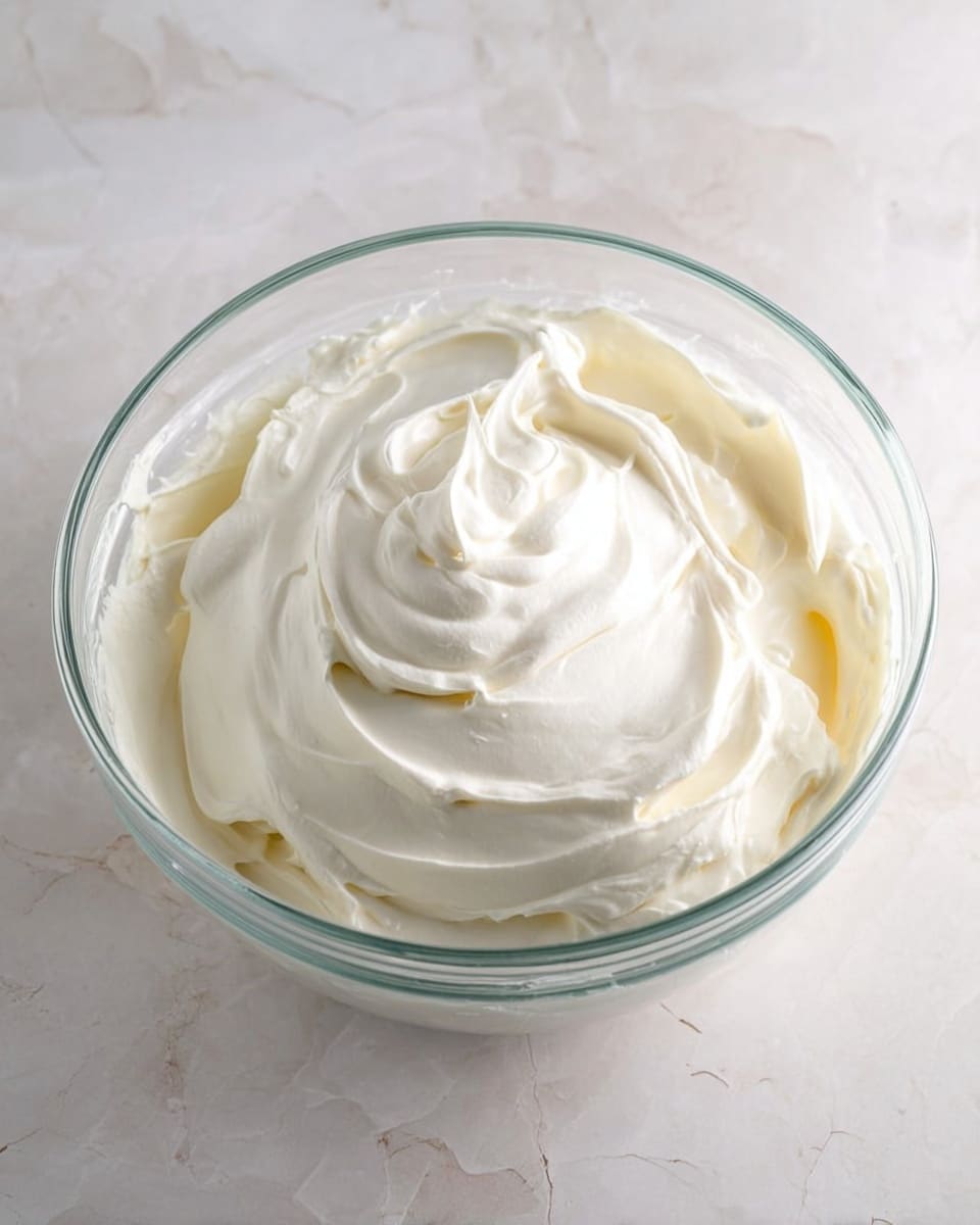 The image shows a single clear glass bowl filled with smooth, creamy, white whipped cream. The surface of the cream has soft swirls and peaks that give it a light and airy texture. The bowl sits on a white marbled surface, and no other items or layers are present in the shot. The lighting shows the soft, fluffy texture of the cream clearly. photo taken with an iphone --ar 4:5 --v 7