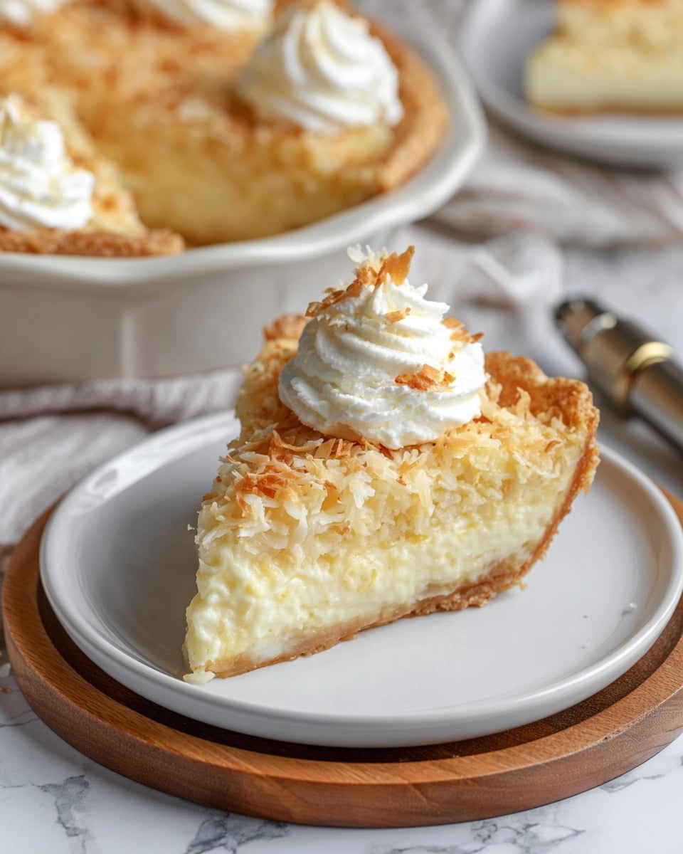 The image shows a single slice of pie on a white plate placed on a wooden board over a white marbled surface. The pie slice has three layers: a firm, light golden bottom crust; a thick, creamy, pale yellow middle layer filled with shredded textures; and a crunchy, slightly browned top layer with toasted bits. On top, there is a swirl of white whipped cream with some toasted crumbs sprinkled over it. In the background, a larger pie with the same texture and golden top is partly visible inside a white ceramic dish. A piece of pastry bag with a metal tip is also seen near the plate. Photo taken with an iphone --ar 4:5 --v 7