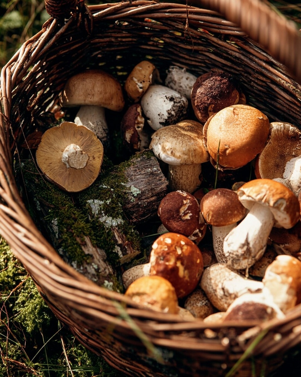 A close-up view of a wicker basket full of various wild mushrooms. The mushrooms show different shapes and colors: some are light brown with smooth tops, others are darker with rough textures, and a few have orange gills underneath. A thick piece of mossy wood lies among the mushrooms, adding a rustic touch. The basket is placed on green grass and moss, giving a natural outdoor feel. photo taken with an iphone --ar 4:5 --v 7