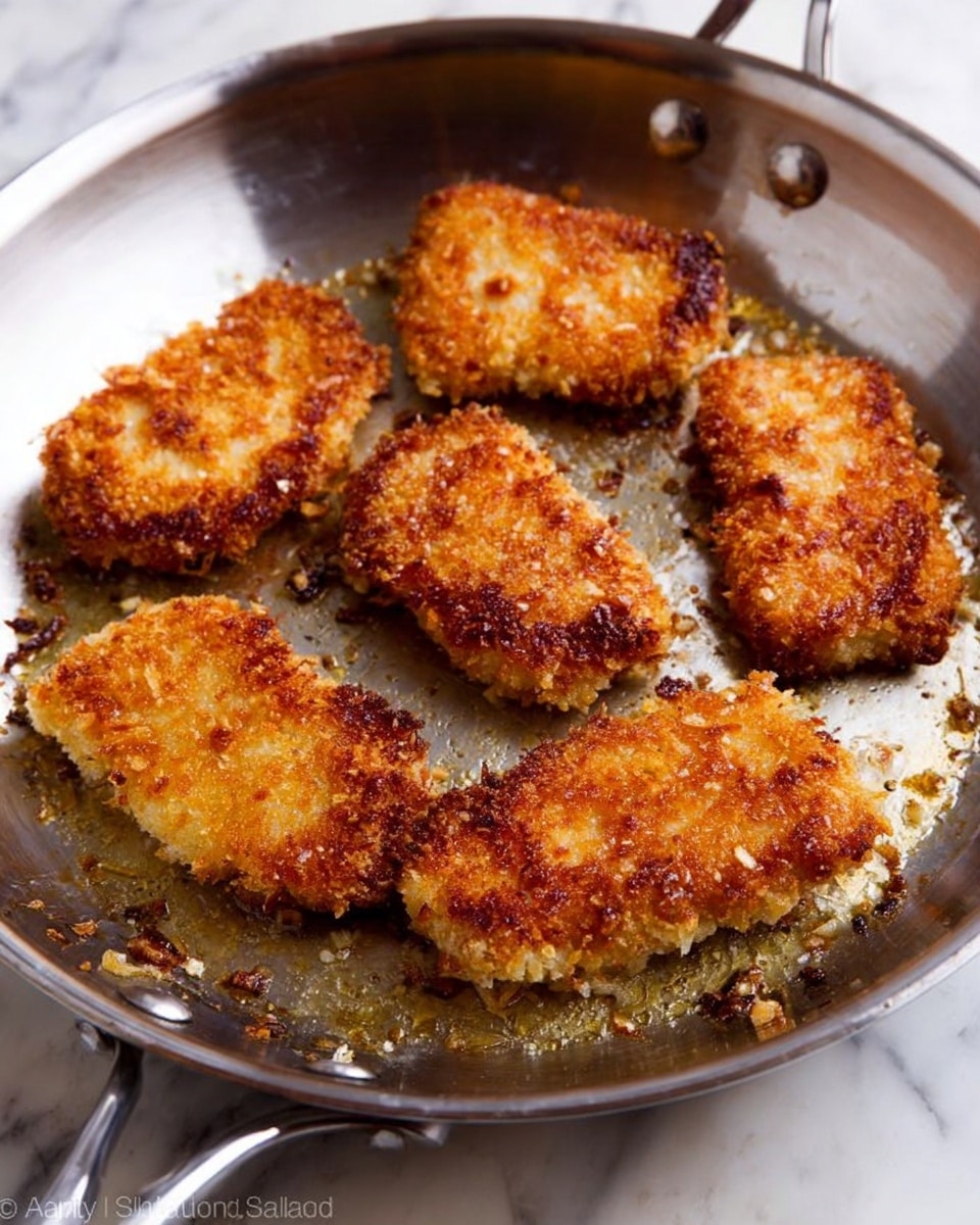 A silver pan with six pieces of fried food inside, each piece is golden brown and crispy with uneven crunchy texture on the surface. The pieces are spread out evenly in the pan, resting on a shiny metal base with some small browned bits stuck around the edges. The pan is on a white marbled surface, and the lighting shows the warm color and crispy details of each piece clearly. Photo taken with an iphone --ar 4:5 --v 7