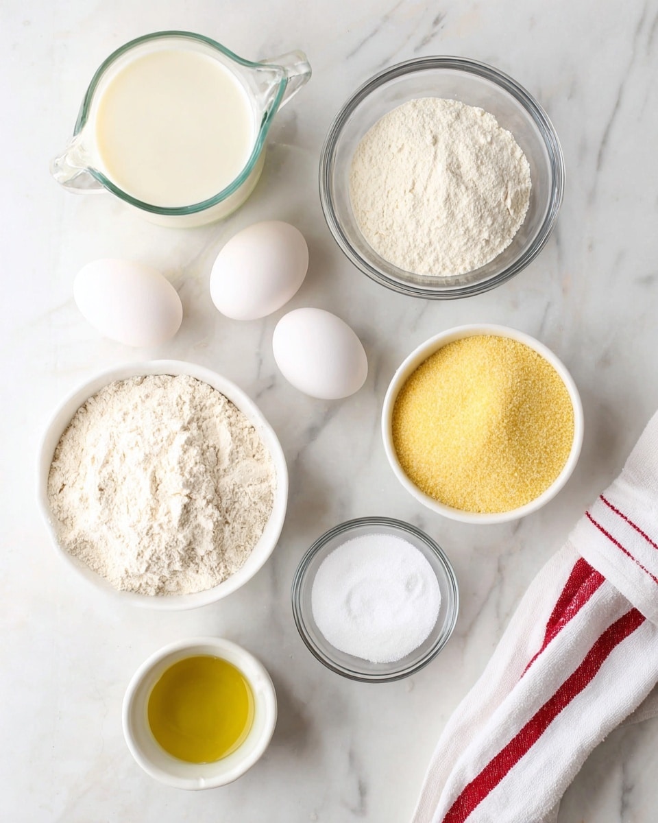 The image shows a top view of various ingredients arranged neatly on a white marbled surface. There is a clear glass jug filled with milk on the top left, and beside it to the right is a small clear glass bowl filled with white granulated sugar. Below the sugar, there is a white bowl containing yellow cornmeal, placed on the right side. Two white eggs are placed together on the left middle part of the image. In the center, a small clear glass bowl holds a white powdery substance, likely baking powder or baking soda. Below it to the left, another white bowl contains light beige flour. On the lower right, a small clear glass bowl has a small amount of white granulated sugar. At the bottom center, a white cup is filled with yellow liquid oil. A white cloth with red stripes is partially visible in the bottom right corner. Photo taken with an iphone --ar 4:5 --v 7