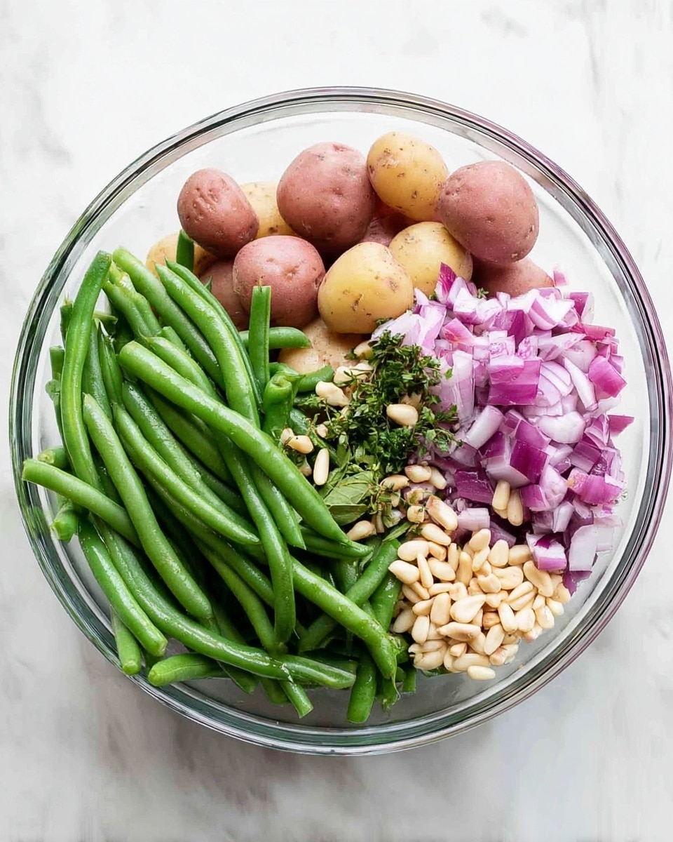 A clear glass bowl sits on a white marbled surface, filled with fresh green beans placed on the left side, small red potatoes with light brown skin in the middle, chopped purple onions on the right, a small pile of white pine nuts topping the onions, and a few small green herb leaves near the potatoes. All ingredients are neat and separate, showing their different colors and textures clearly. photo taken with an iphone --ar 4:5 --v 7