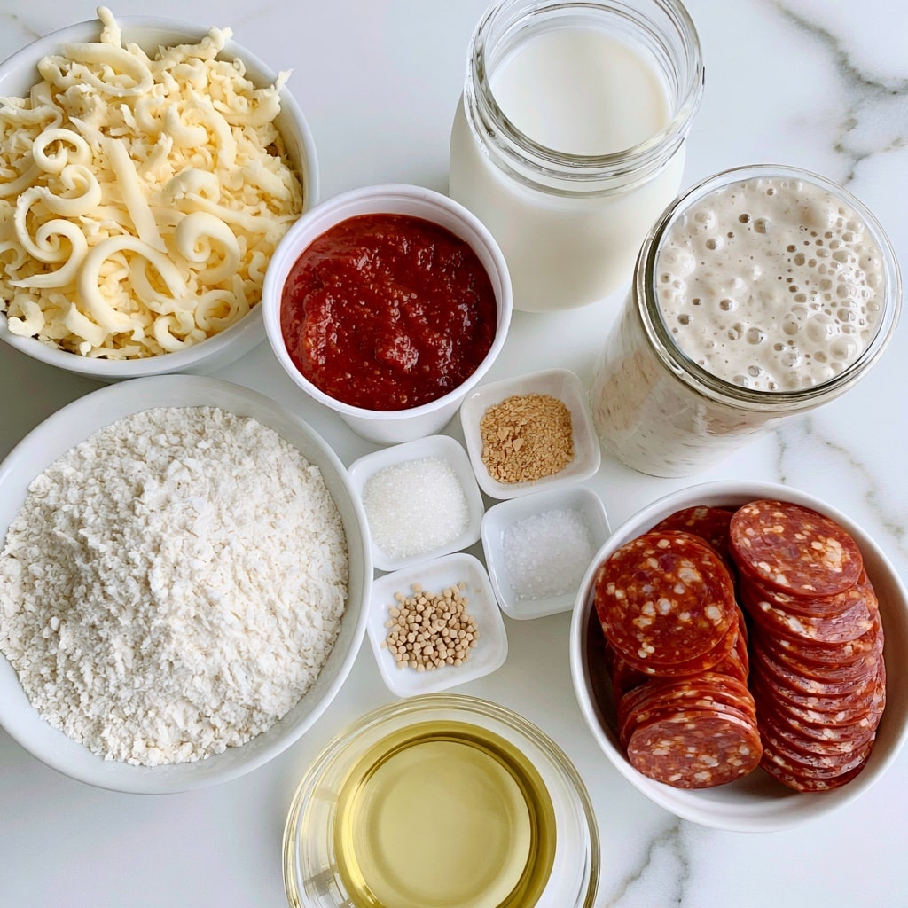 A top view of various pizza ingredients arranged on a white marbled surface. In the top left, a white bowl filled with shredded mozzarella cheese shows its curly, pale yellow texture. Next to it, a white cup holds a rich, red pizza sauce with a smooth surface. To the right, a clear glass jar contains white milk, its creamy liquid visible through the jar. Beside it, a tall glass jar is filled with frothy sourdough discard showing bubbles on the surface. Below these, a white bowl contains fine, white bread flour with a slightly uneven surface. Small white dishes hold fine granular white sugar, garlic powder with a light brown color, salt, and small beige yeast granules with a textured look. A white bowl contains neatly stacked round slices of pepperoni, deep reddish-brown with visible fat flecks. Finally, a clear bowl near the bottom holds pale yellow olive oil with a shiny, smooth surface. The arrangement is clean and neat, all on the white marbled texture. Photo taken with an iphone --ar 4:5 --v 7