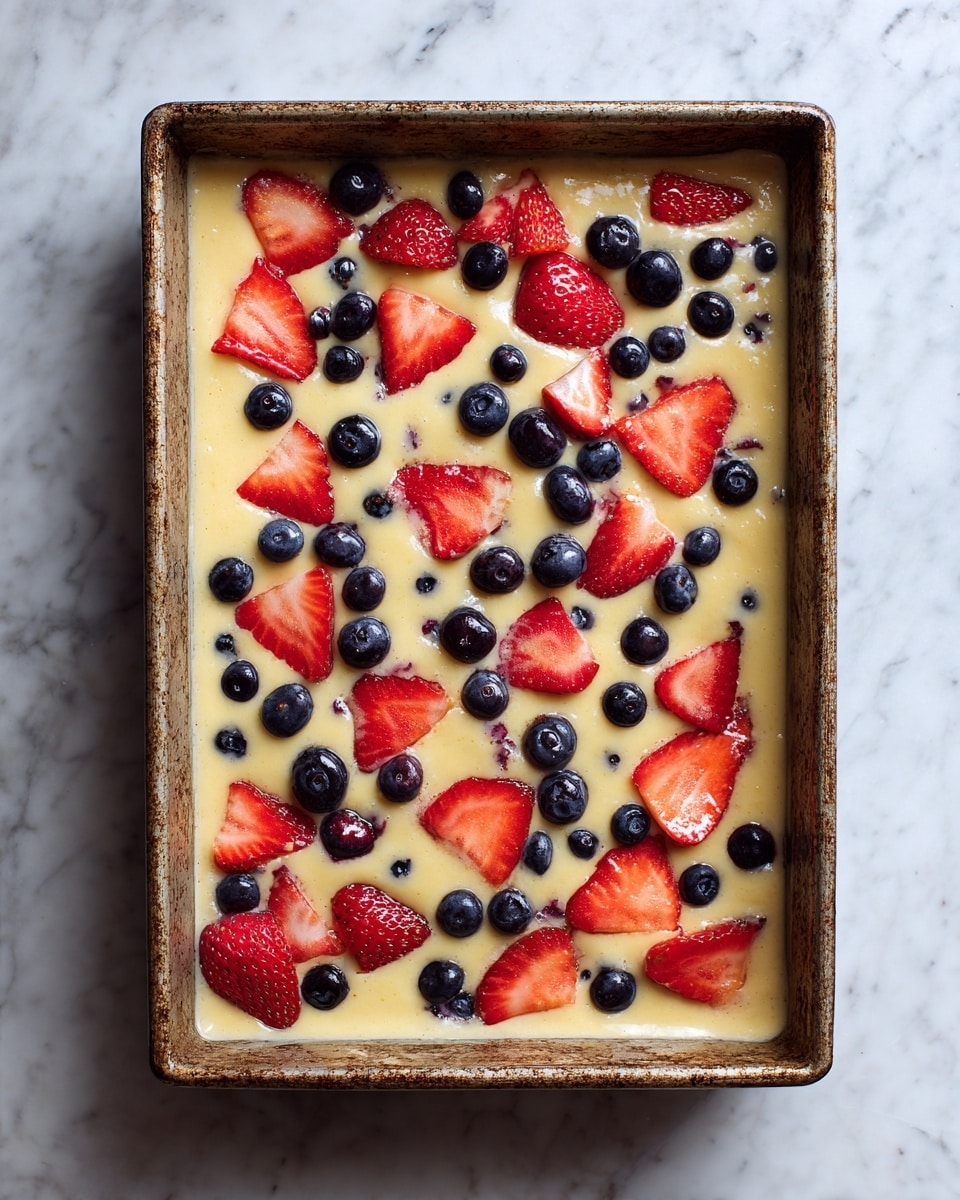 A rectangular metal baking tray filled with a thick, pale yellow batter evenly spread across the surface. Scattered on top of the batter are sliced red strawberries with bright seeds and whole, small dark blue blueberries, creating a colorful contrast. The tray is placed on a white marbled textured surface, highlighting the tray's rustic brown and worn edges. Photo taken with an iphone --ar 4:5 --v 7
