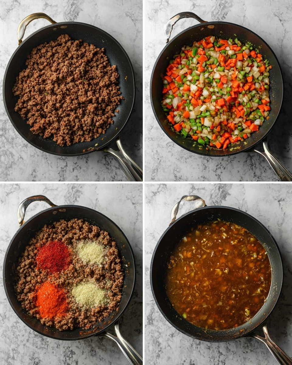 A black pan with a silver handle shows four stages of cooking in a grid format over a white marbled surface. Top left shows a single dark brown layer of cooked ground meat with a crumbly texture. Top right adds a mixed layer of bright red, green, and white diced vegetables scattered over the meat. Bottom left adds a layer of light colored powder seasoning with red paste dollops placed on the mixed meat and vegetable base. Bottom right shows a final layer of rich brown liquid broth fully covering the meat and vegetables, with bits visible under the smooth surface, all sitting on a darker textured mat. Photo taken with an iphone --ar 4:5 --v 7