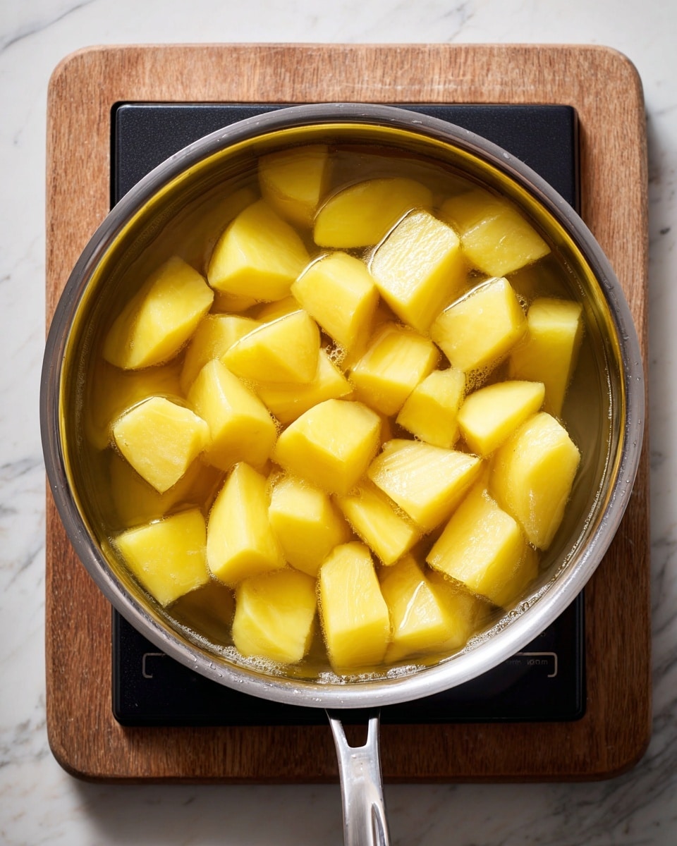 A top view of a shiny silver pan filled with large pieces of yellow potatoes, half-covered in water. The pan is placed on a black stovetop with silver edges, next to a wooden cutting board. The potatoes are cut into rough chunks, evenly spread across the pan. The scene is lit softly, showing the smooth texture of the potatoes and the slight reflection in the water. The background is a white marbled texture photo taken with an iphone --ar 4:5 --v 7