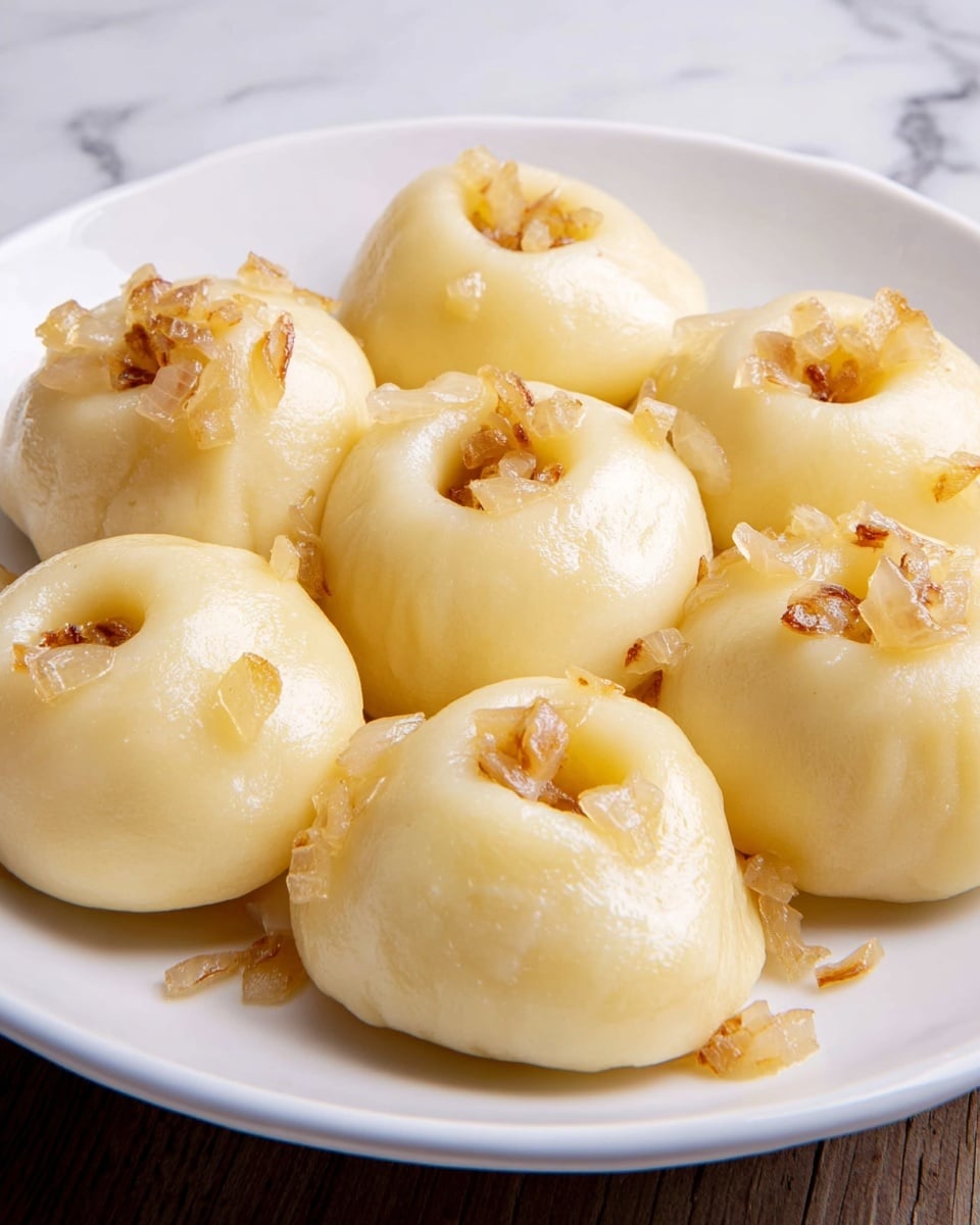 A white plate holds eight round, smooth dumplings with a light yellow color, each with a small circular indent on top filled with golden sautéed onions. The dumplings are arranged closely, with bits of cooked onions scattered around and between them, adding texture and a warm amber tone. The plate sits on a white marbled surface with soft lighting highlighting the glossy steam rising from the dumplings, making them look fresh and tender. Photo taken with an iphone --ar 4:5 --v 7