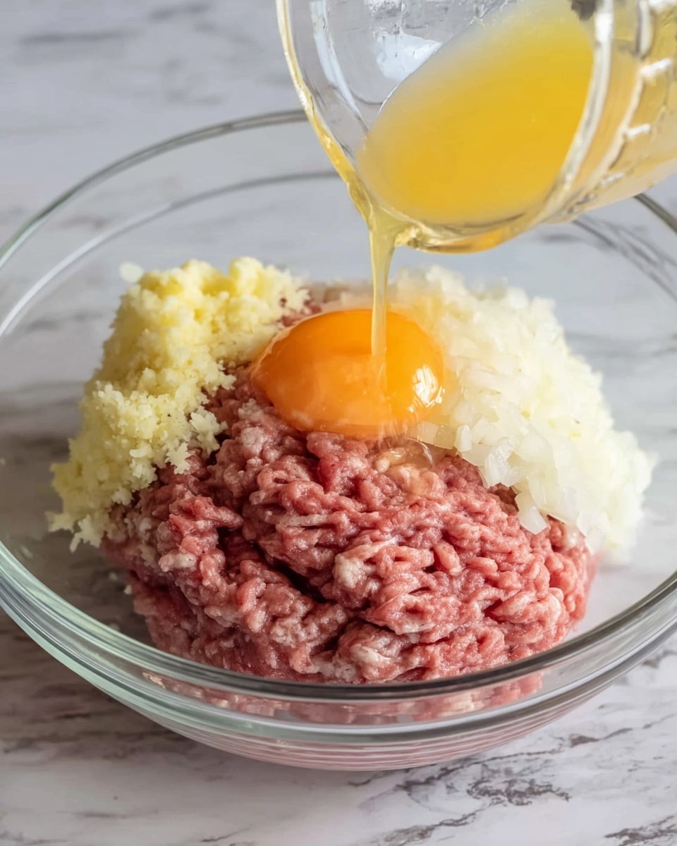 A clear glass bowl sits on a white marbled surface, holding four layers of ingredients. The bottom layer is a thick clump of pink ground meat with a textured, squiggly pattern. On top of this, on the left side, there is a small mound of finely grated pale yellow garlic. To the right of the garlic, a larger pile of white grated onion rests, with a smooth but slightly chunky texture. An orange-yellow liquid, likely beaten egg, is being poured from a clear glass container, landing near the center, mixing slightly with the white onion layer. The bowl's transparency and the contrast between the colors make each ingredient clearly visible. Photo taken with an iphone --ar 4:5 --v 7
