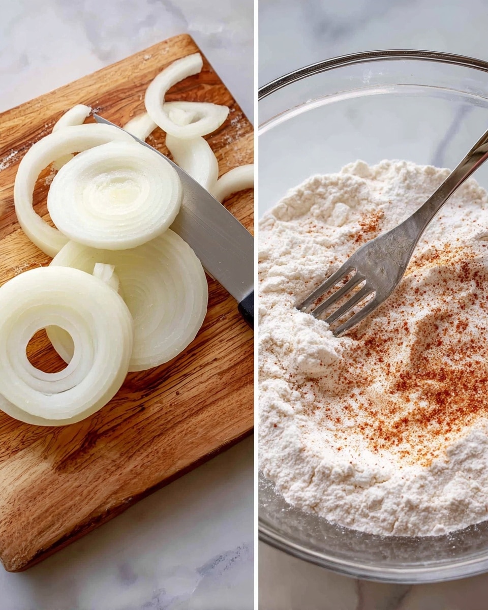 The image shows two steps side by side on a white marbled surface. On the left, a knife is slicing through a thick white onion, creating round rings that lie flat on a wooden board; the onion layers are smooth and slightly translucent. On the right, a clear glass bowl contains a mixture of white flour with some reddish spices sprinkled on top; a silver fork is partially buried in the powdery mix, showing the texture clearly. Photo taken with an iphone --ar 4:5 --v 7