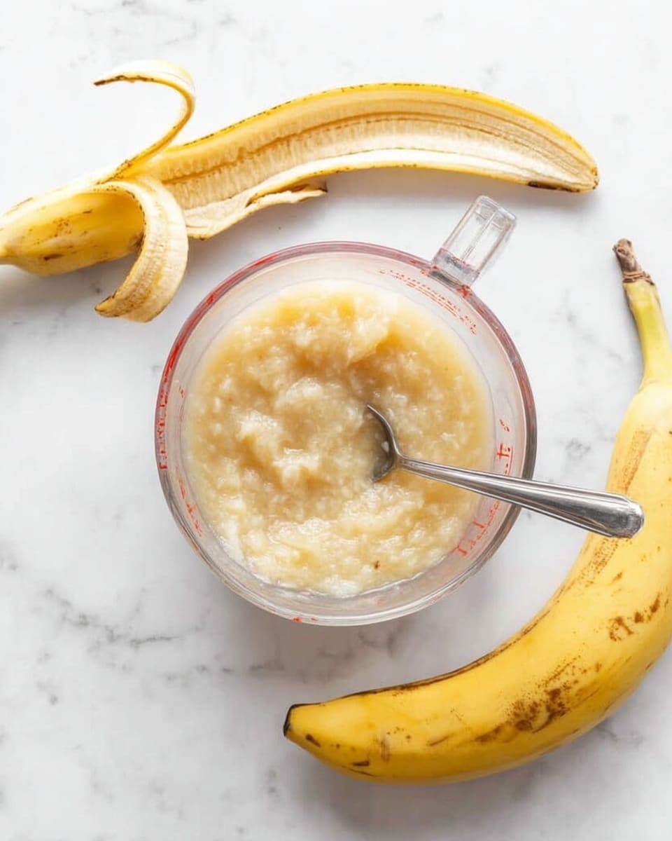The image shows a clear glass measuring cup filled with mashed banana, which has a creamy, slightly chunky texture and a light yellow color; inside the cup, there is a silver spoon with a smooth handle partially resting in the mashed banana. Next to the measuring cup, there is a peeled banana with its peel spread out underneath it on a white marbled surface. The banana is yellow with some brown spots on it, giving a natural, ripe look. The scene is bright and clean. photo taken with an iphone --ar 4:5 --v 7