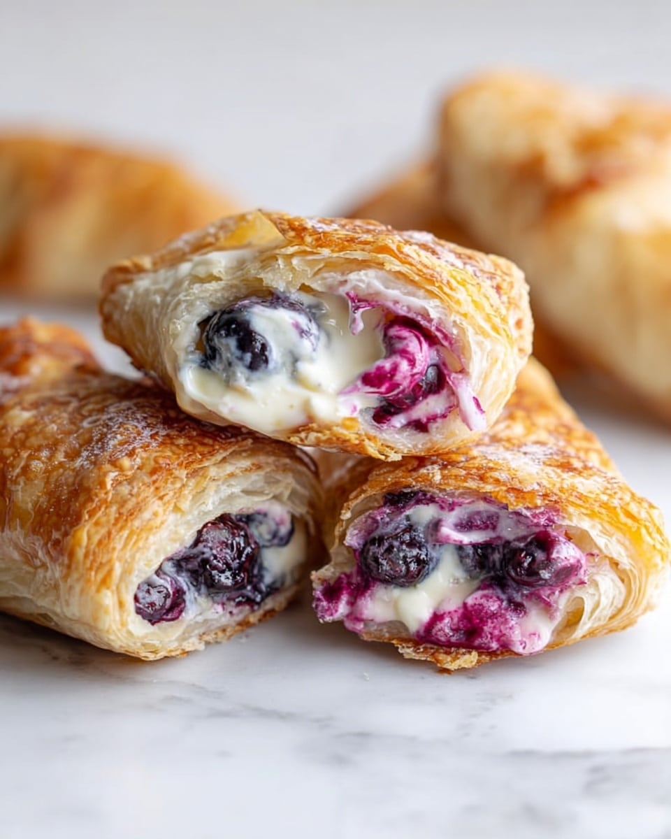 The image shows golden brown pastries with a flaky and crispy texture on a white marbled surface. Two pastries are broken in the center, exposing creamy white filling mixed with deep purple and blue berries inside. The outer layer is thin and crispy, while the filling looks soft and juicy with vibrant berry colors. The overall color scheme is warm with light browns and fresh berry tones. Photo taken with an iphone --ar 4:5 --v 7