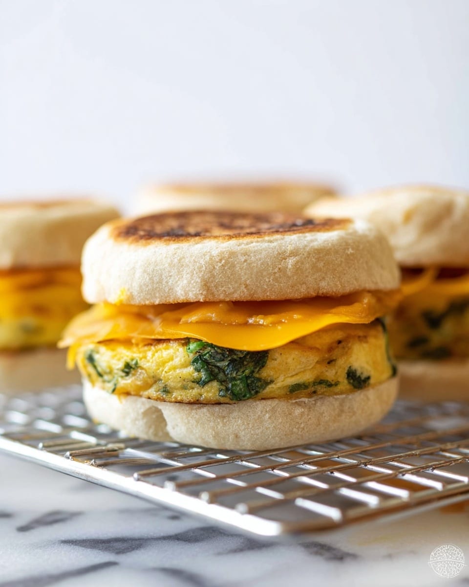 The image shows a close-up of three breakfast sandwiches on a silver wire rack with a white marbled surface below. Each sandwich has three layers: a light golden toasted English muffin top, a slice of bright orange cheddar cheese in the middle, and a thick omelette made with green herbs or spinach, which is golden yellow with green flecks at the bottom. The English muffin has a soft, slightly crumbly texture. The background is softly blurred white. photo taken with an iphone --ar 4:5 --v 7