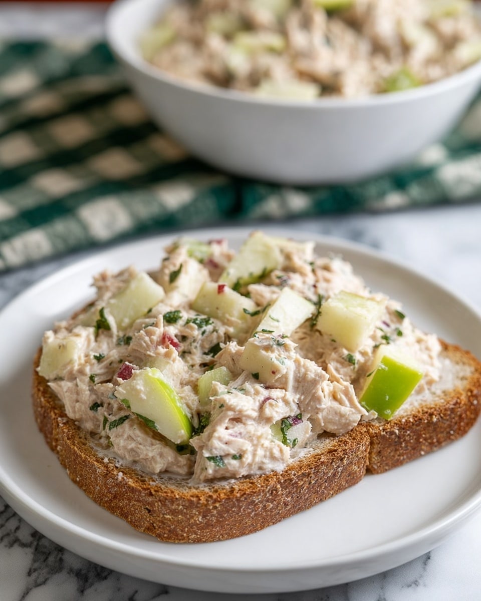 The image shows a white plate with a single slice of brown bread topped with a creamy mixture that includes light beige tuna, green celery pieces, white apple chunks with red skin bits, and small green herbs evenly spread on top. In the background, there is a white bowl filled with more of the same mixture, slightly blurred, sitting on a white marbled surface with a green and white checkered cloth nearby. Photo taken with an iphone --ar 4:5 --v 7
