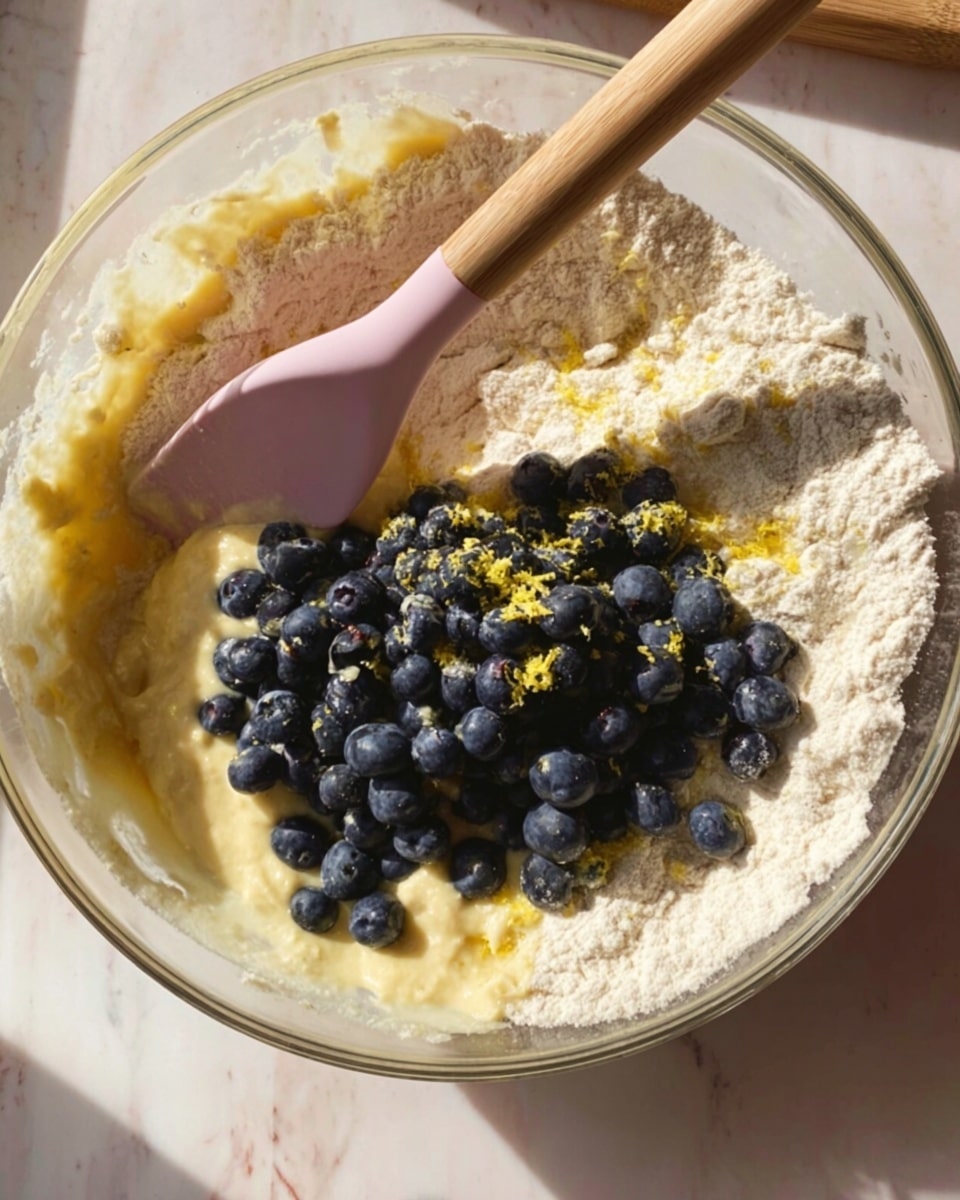 A clear glass bowl holds a mixture of pale yellow batter with flour around the edges. On top of the batter is a pile of dark blue fresh blueberries. A pink spatula with a wooden handle rests inside the bowl, partially covered with bits of yellow zest, and positioned on the right side of the bowl. The bowl is placed on a white marbled surface. The scene is lit by natural sunlight, creating soft shadows and highlights. photo taken with an iphone --ar 4:5 --v 7