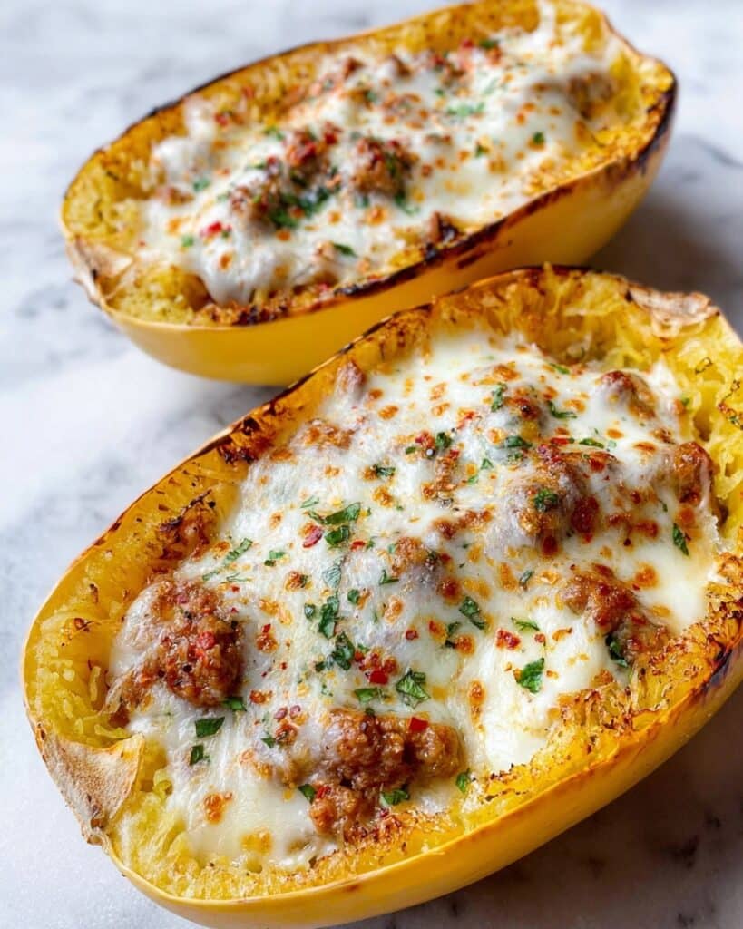 Baked Spaghetti Squash with Marinara, Meatballs, and Mozzarella Recipe