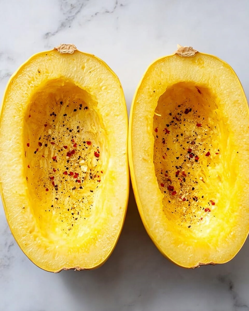 Two halves of a yellow spaghetti squash are placed side by side on a white marbled surface. Each half shows a hollow center filled with a smooth, slightly glossy yellow flesh. The flesh is sprinkled with coarse black pepper and small red chili flakes evenly in the cavity. The outer skin of the squash is light yellow and firm, with a natural rind texture. Photo taken with an iphone --ar 4:5 --v 7