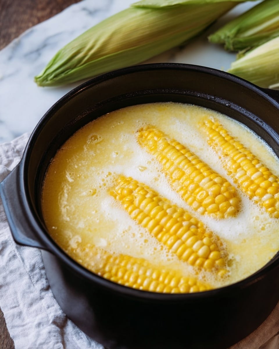 A black pot filled with several bright yellow corn cobs partially submerged in thick, creamy, pale yellow soup with white frothy foam on the surface. The pot sits on a white marbled surface with a white cloth underneath, and fresh corn with green husks lies nearby in the background. The colors are warm and inviting, showing the smooth texture of the soup and the visible kernels on the corn cobs. Photo taken with an iphone --ar 4:5 --v 7