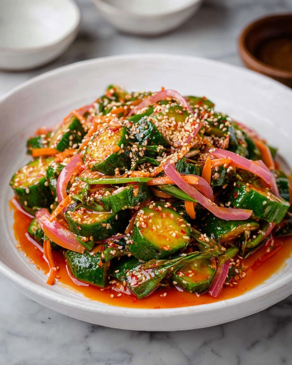 The dish shows a white plate filled with a colorful cucumber salad. The first layer consists of roughly chopped cucumbers, bright green with a fresh, slightly glossy texture. Mixed among them are thin, curled slices of pinkish-red onion and ribbons of carrots, adding orange and soft red tones. The salad is coated with a vibrant red-orange spicy sauce that adds moisture and shine to the vegetables. Sprinkled generously on top are light brown sesame seeds, giving a bit of texture and contrast to the smooth vegetables. The plate rests on a white marbled surface, with parts of other white bowls blurred in the background. photo taken with an iphone --ar 4:5 --v 7