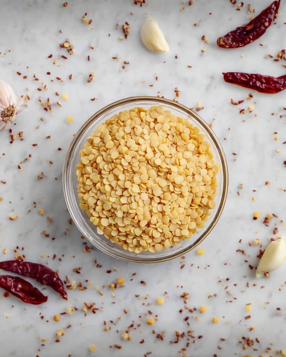 A clear glass bowl filled with a single layer of small, pale yellow dry lentils, placed in the center of an evenly spread white marbled surface. Around the bowl, there are scattered pieces of garlic cloves, dried red chili peppers, and small brown cumin seeds, adding a rustic touch to the scene. The light is soft, highlighting the lentils' smooth texture and the natural colors of the spices. photo taken with an iphone --ar 4:5 --v 7