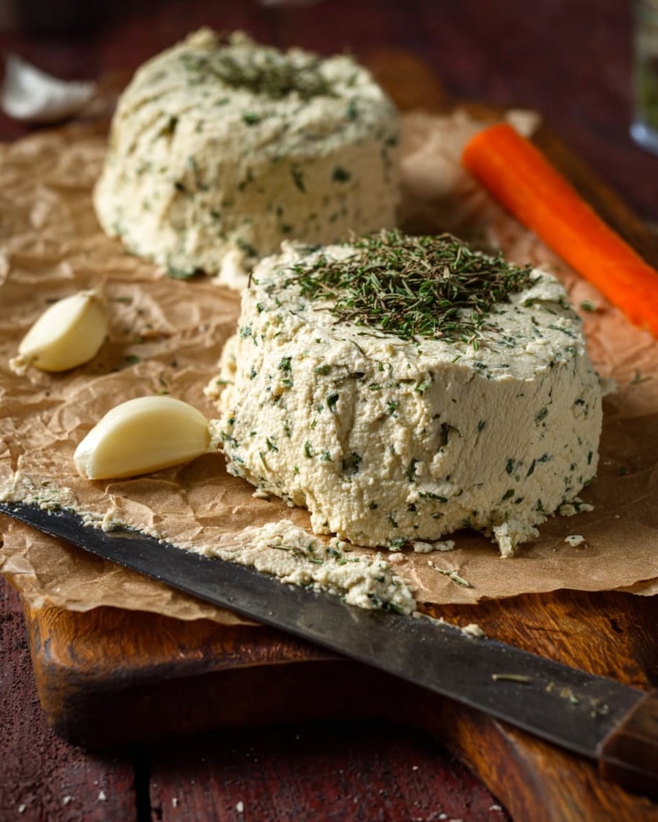 The image shows two rough round mounds of herb-covered cheese with a slightly crumbly texture, sitting on torn brown parchment paper on a wooden board. The cheese is pale cream with green herb flecks all over, and a small pile of dried herbs is sprinkled on top of the front mound. To the left of the front cheese mound lie two cloves of peeled garlic, light tan in color with smooth skin. On the far right edge, there is a bright orange carrot piece. A dark knife with some cheese spread is placed horizontally at the bottom of the wooden board. The background has a dark brown wood texture. photo taken with an iphone --ar 4:5 --v 7