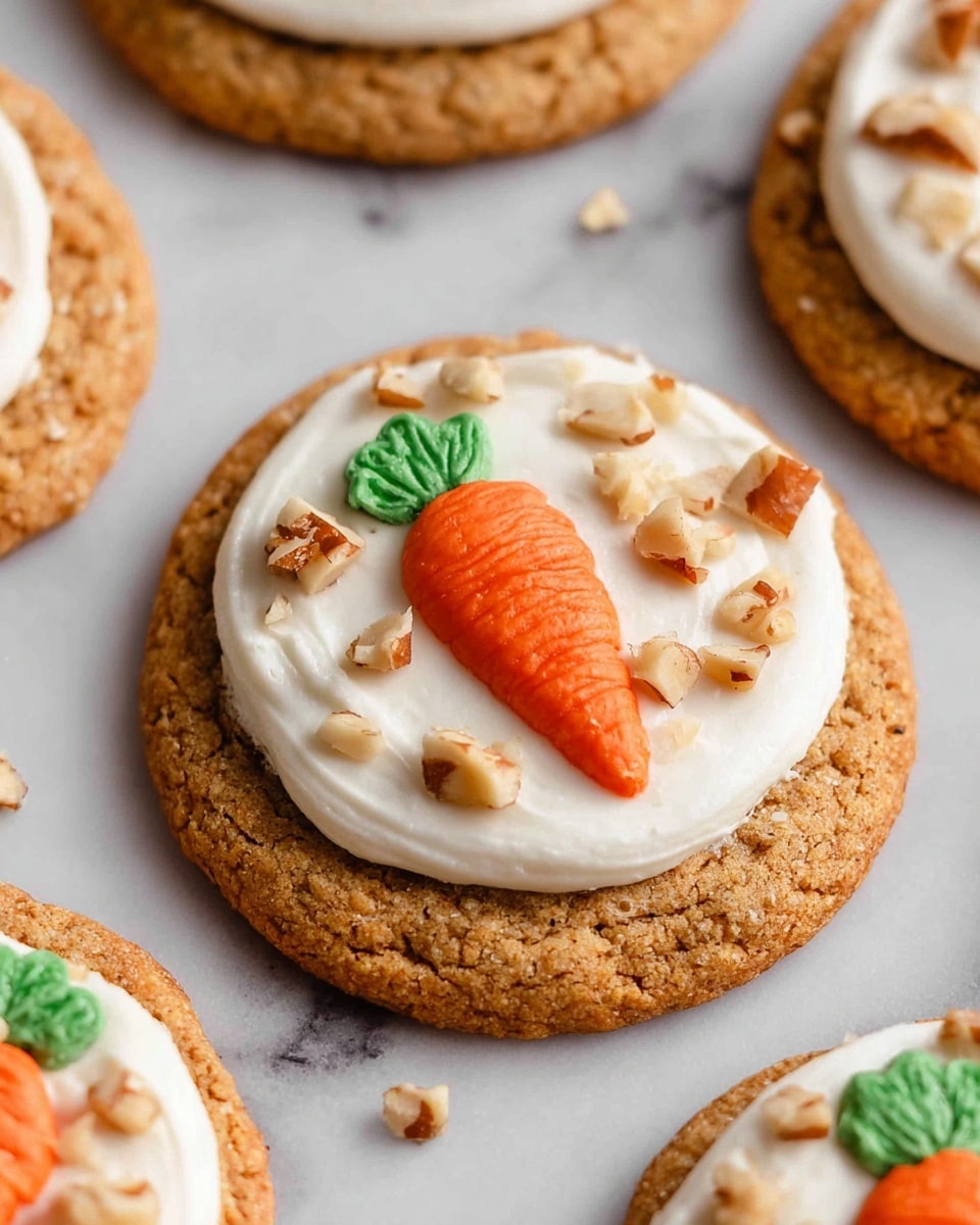 The image shows round cookies with a light brown, slightly rough texture as the base layer. Each cookie is topped with a smooth, thick layer of white frosting spread evenly over the surface. On top of the frosting in the center of each cookie is a small, bright orange carrot shape with a defined, ridged texture and a tiny green leafy part at the top. Around the carrot, small pieces of chopped nuts are scattered, giving a rough and crunchy texture contrast. The cookies are placed on a white marbled surface. Photo taken with an iphone --ar 4:5 --v 7