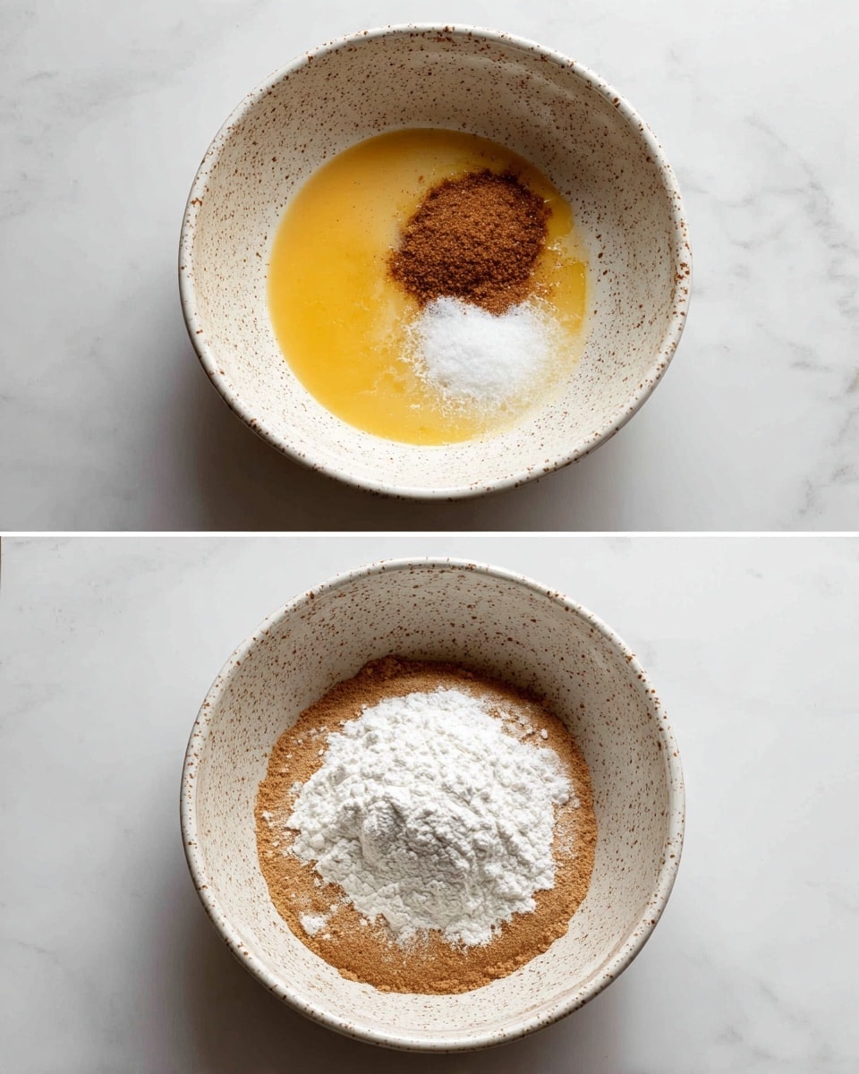 A white bowl with brown speckles sits on a white marbled surface, containing wet and dry ingredients being prepared. In the first view, there is a pool of bright yellow liquid in the bowl, topped with a light heap of dark brown sugar and a small white powder in the corner. In the second view, the ingredients have been mixed to form a smooth light brown layer covering the bottom of the bowl, with a mound of white flour resting on top. photo taken with an iphone --ar 4:5 --v 7
