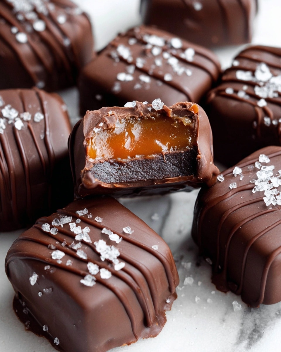 The image shows a close-up of multiple small square-shaped treats covered in smooth dark brown chocolate. One treat in the center has a bite taken out, revealing two inner layers: a shiny, sticky orange caramel layer on top and a dense, darker chocolate layer at the bottom. The outer chocolate coating is decorated with thin lines of chocolate drizzle and sprinkled with coarse white sea salt flakes. The treats sit on a white marbled surface. photo taken with an iphone --ar 4:5 --v 7