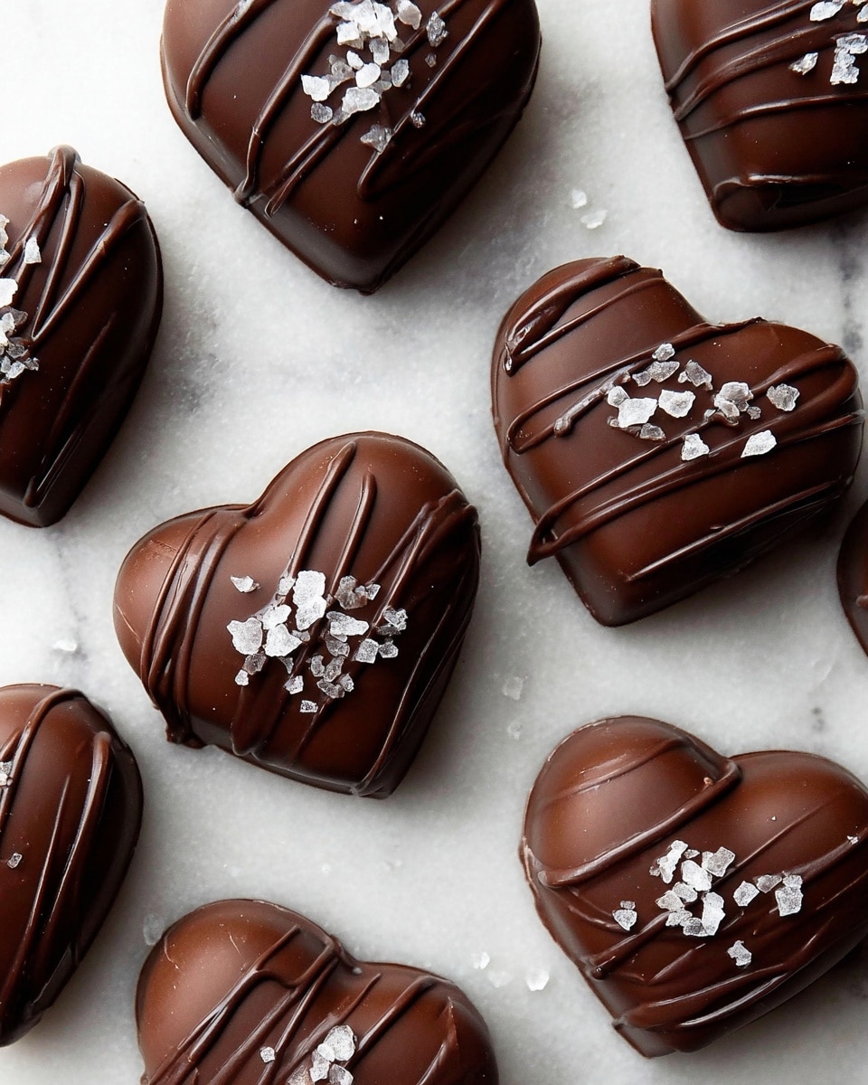 The image shows several heart-shaped treats covered in smooth dark brown chocolate, each topped with a few coarse white sea salt flakes. Some hearts have thin dark chocolate lines drizzled diagonally across the top part. The hearts lie scattered on a white marbled surface, showcasing their shiny and rich texture. Photo taken with an iphone --ar 4:5 --v 7