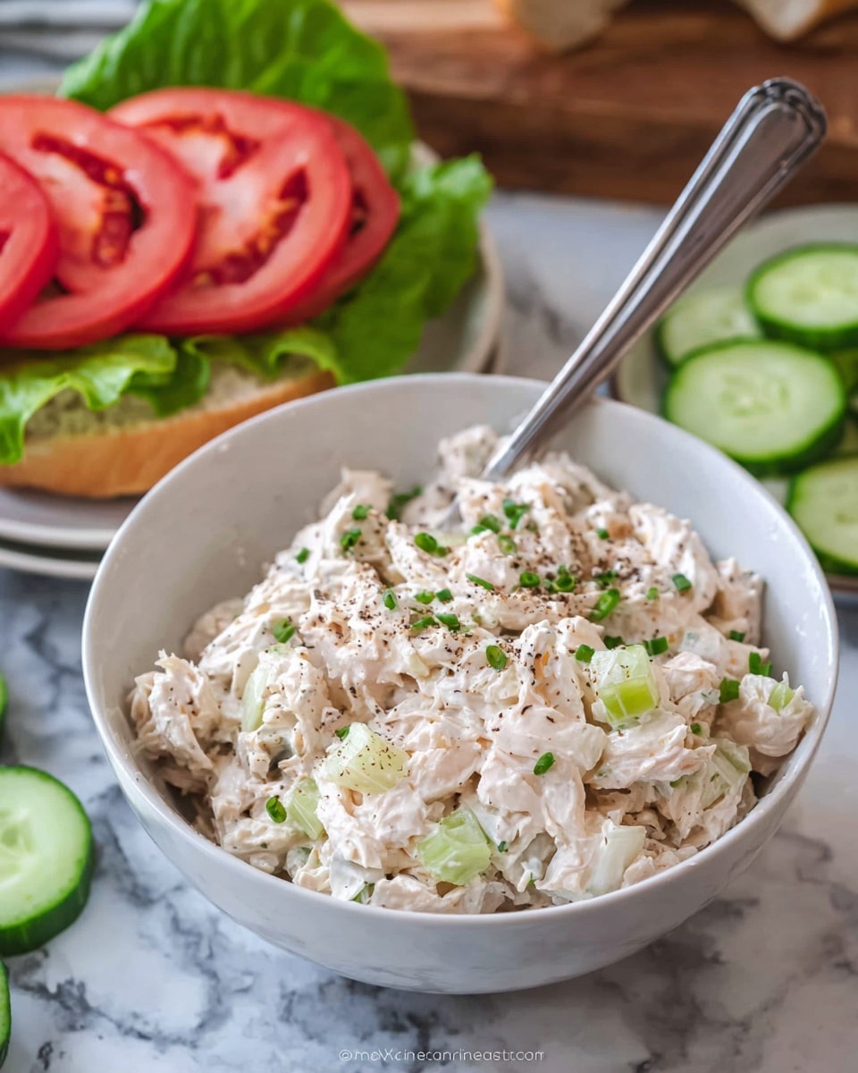 A close-up of a white bowl filled with creamy chicken salad mixed with small pieces of celery and sprinkled with black pepper and chopped chives, with a metal spoon resting inside. In the background, a white plate holds an open sandwich with green lettuce leaves and several red tomato slices arranged on the top half of a light-colored bun. A few cucumber slices are visible in the foreground on a white marbled surface photo taken with an iphone --ar 4:5 --v 7