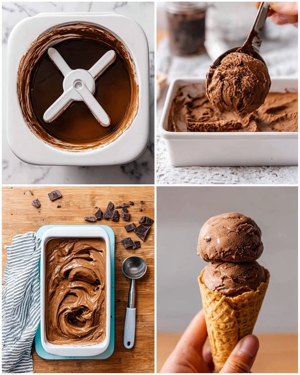 The collage shows four images of chocolate ice cream making. The first image at the top left shows thick chocolate liquid inside a white ice cream maker with white paddles in the center. The second image at the top right shows rich chocolate ice cream being scooped out with a spoon inside the same white ice cream maker on a white marbled surface with a striped cloth nearby. The third image at the bottom left shows a close-up of chocolate ice cream with a swirl of melted chocolate on top, inside a white rectangular container with a pale blue rim, placed on a wooden table with scattered chocolate chunks and a metal ice cream scooper nearby. The bottom right image shows two round scoops of dark chocolate ice cream in a golden brown waffle cone held by a woman's hand in front of a light grey background with a blurred chocolate syrup jar below. photo taken with an iphone --ar 4:5 --v 7