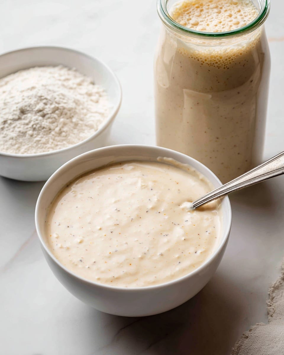 The image shows a close-up view of thick batter with a creamy, pale beige color mixed with small lumps, filling a white bowl placed on a white marbled surface. A spoon with a silver handle rests inside the bowl, partially immersed in the batter. Behind the bowl, there is a tall clear glass jar filled with the same batter, showing a slightly frothy texture on top. Next to this scene, there is another white bowl filled with a smooth, light beige batter that has small black specks spread throughout it. Part of a white bowl filled with white flour is slightly visible at the bottom left corner, and a glass container with a green rubber seal appears on the right side. The overall setting is clean and bright, emphasizing the texture and color of the batters. photo taken with an iphone --ar 4:5 --v 7