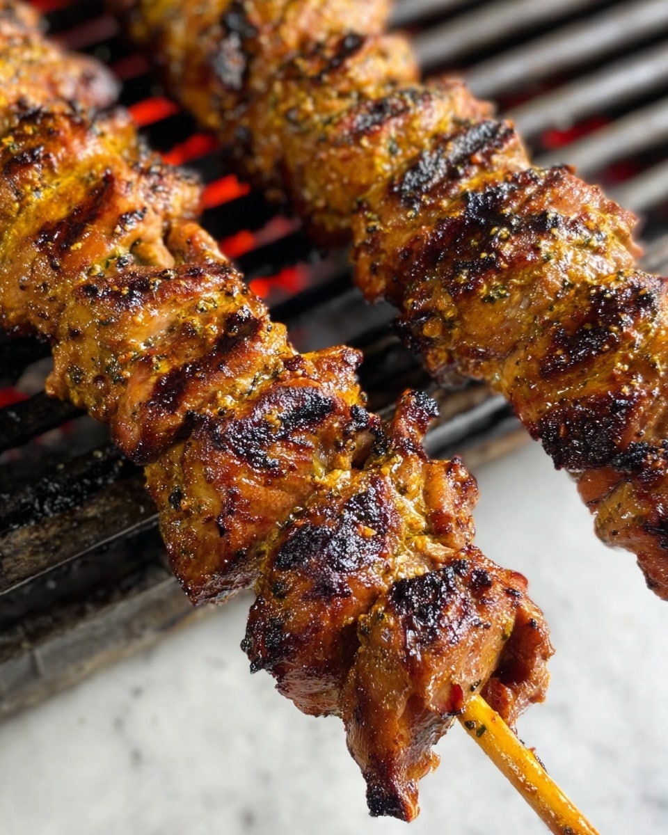 The image shows two wooden skewers with multiple pieces of grilled meat closely packed on each skewer. The meat has a rich golden brown color with charred black spots, giving it a crispy and seasoned texture. The grill lines under the skewers are dark metal bars above glowing red coals. The meat pieces appear juicy and well-cooked, showing some rough and uneven edges from grilling. The photo is focused closely on the skewers, highlighting the texture and char marks. The background is a white marbled surface. photo taken with an iphone --ar 4:5 --v 7