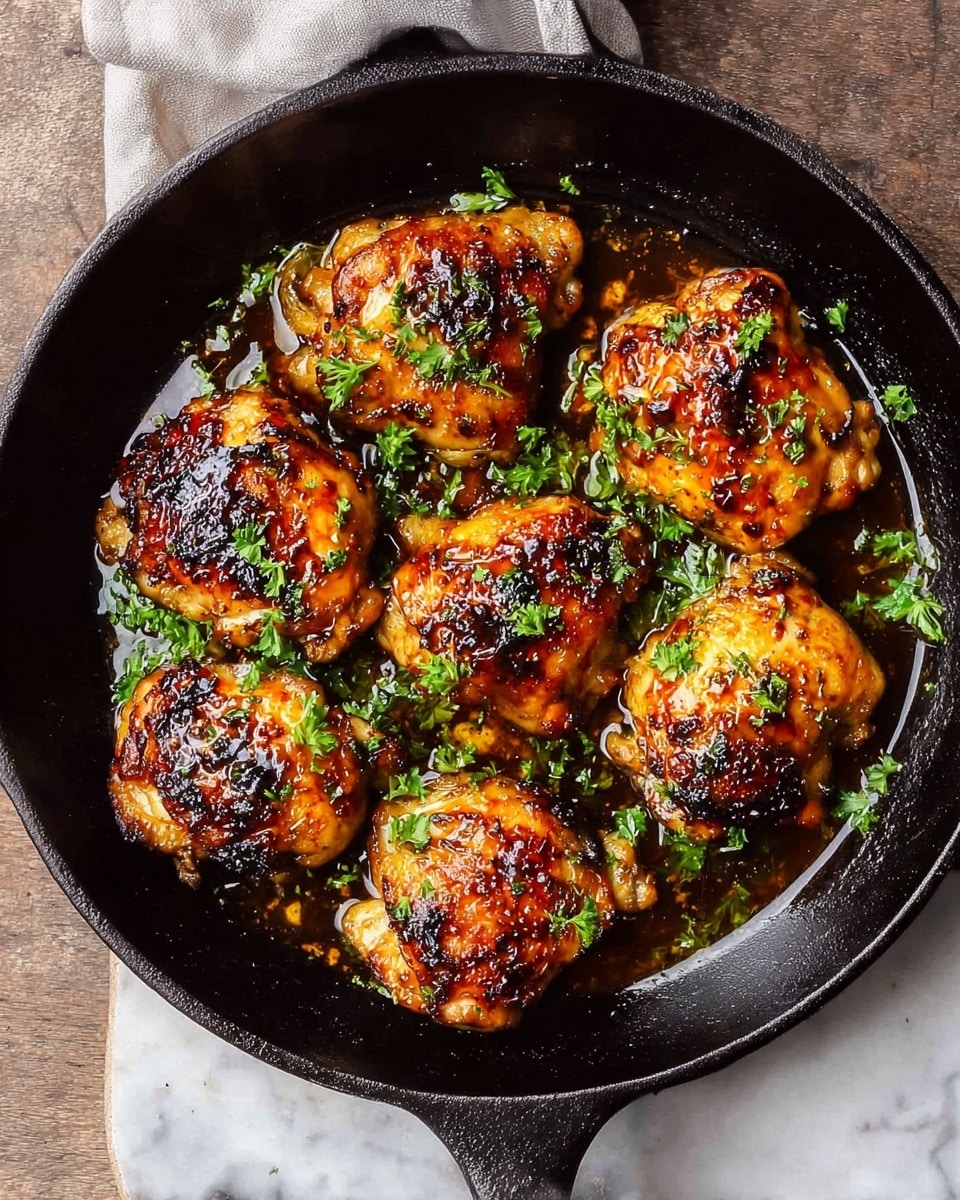 A black cast iron pan filled with eight golden-brown cooked chicken pieces, each piece showing a shiny, slightly charred texture with an oily glaze. Small green parsley leaves are scattered on top and around the chicken for garnish. The pan is set on a white marbled surface. photo taken with an iphone --ar 4:5 --v 7