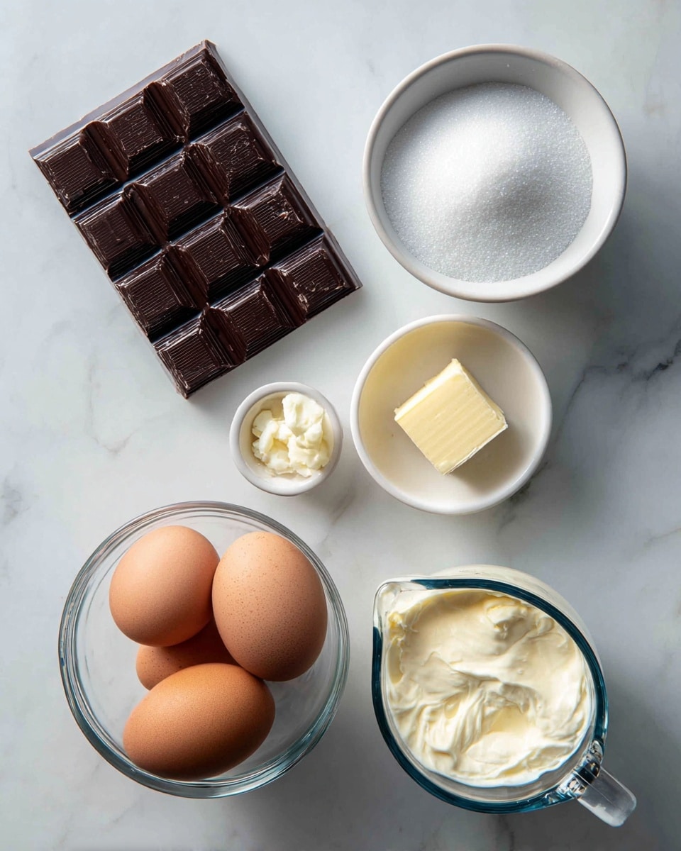 The image shows six ingredients placed neatly on a white marbled surface. In the top left corner, there is a dark brown chocolate bar with clear square segments. To the right of the chocolate, there is a small white bowl filled with white granulated sugar. Below the sugar bowl, there is another small white bowl containing a small amount of light yellow butter. On the bottom right, there is a clear measuring jug filled with thick, off-white cream. On the bottom left, there is a clear glass bowl containing three brown eggs. Each ingredient is labeled with dark blue tags in simple white text, naming chocolate, sugar, butter, cream, and eggs. The scene is simple and clean, with natural lighting highlighting the textures and colors. Photo taken with an iphone --ar 4:5 --v 7