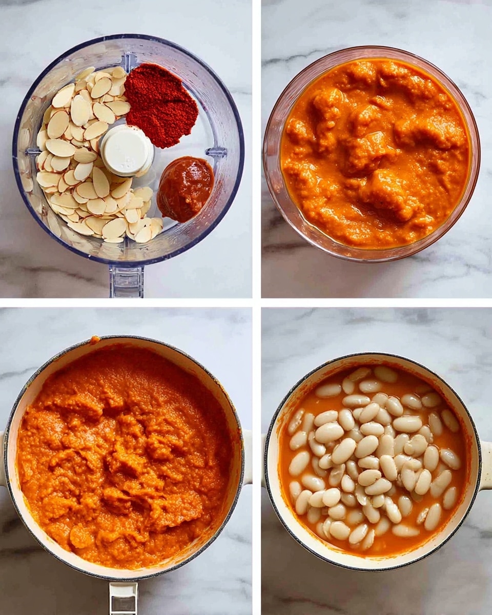 The image shows four stages of preparing a thick bean stew. The first layer is in a clear glass food processor bowl, where whole sliced almonds, a smear of red paste, dark red tomato paste, and oil are placed around the edges on a white marbled surface. The second layer shows the mixture blended into a smooth orange paste filling the bowl. The third stage displays the orange paste spread evenly in a white pot on a white marbled surface, with a handful of large white beans added on top. The final stage captures the whole white beans mixed well into the thick orange sauce inside the pot, showing a chunky, creamy texture. Photo taken with an iphone --ar 4:5 --v 7
