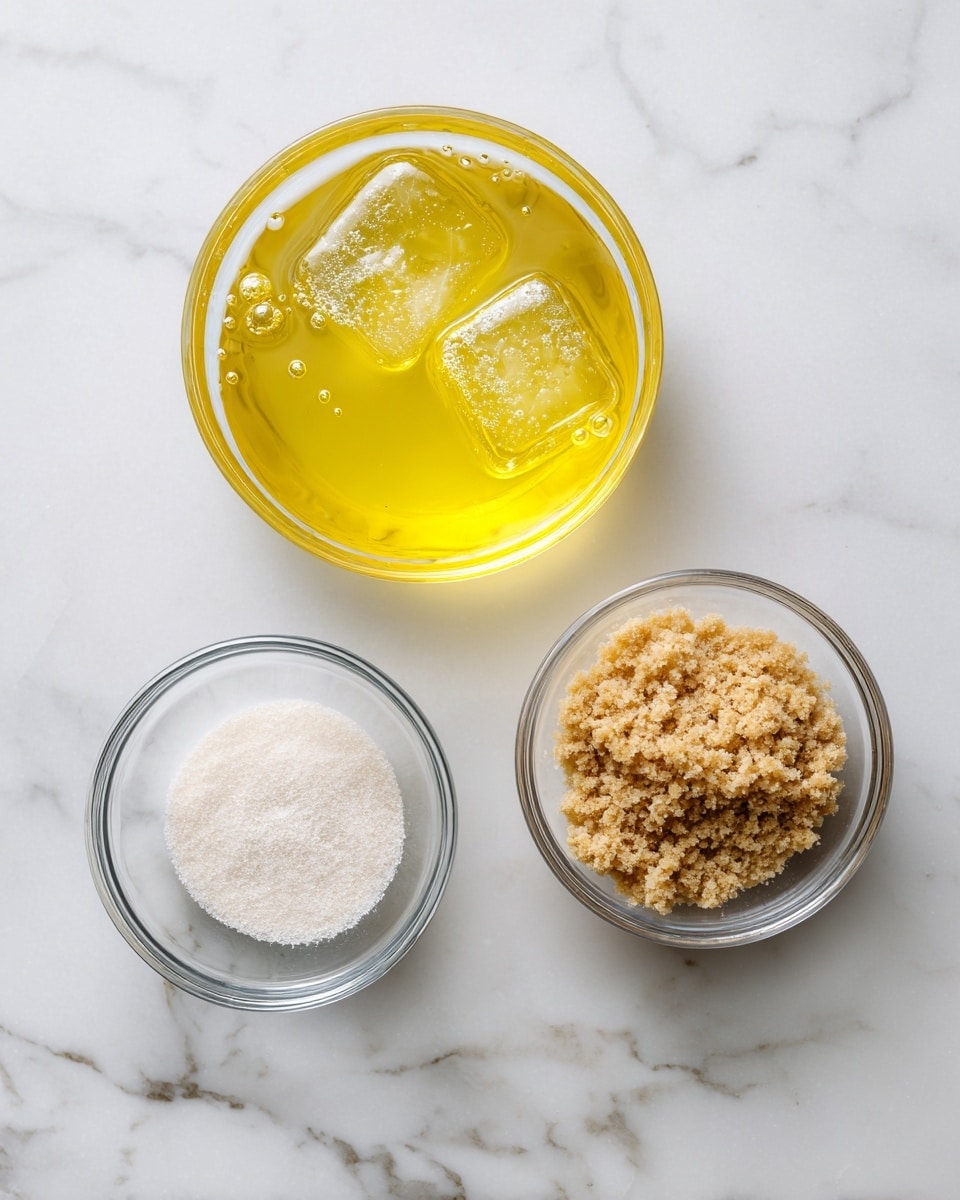 Three clear glass bowls sit on a white marbled surface. The top bowl contains a yellow liquid with visible bubbles and two ice cubes floating. The bottom left bowl holds a fine white powdery substance. The bottom right bowl is filled with a light brown crumbly mixture made of small bits and pieces. Each bowl is spaced evenly apart, arranged in a loose triangle. photo taken with an iphone --ar 4:5 --v 7