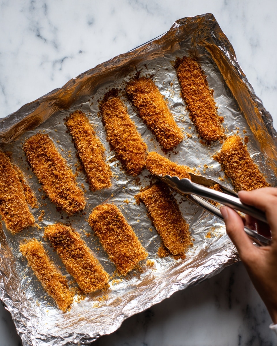 The image shows a white tray covered with shiny silver foil, holding eight pieces of long, golden-brown coated strips that look crunchy on the outside. The strips, which are evenly spaced, have a rough texture from the coating and vary slightly in shape and size. A woman's hand is using silver tongs to pick up one of the pieces near the bottom right of the tray. The background surface is a white marbled texture. photo taken with an iphone --ar 4:5 --v 7