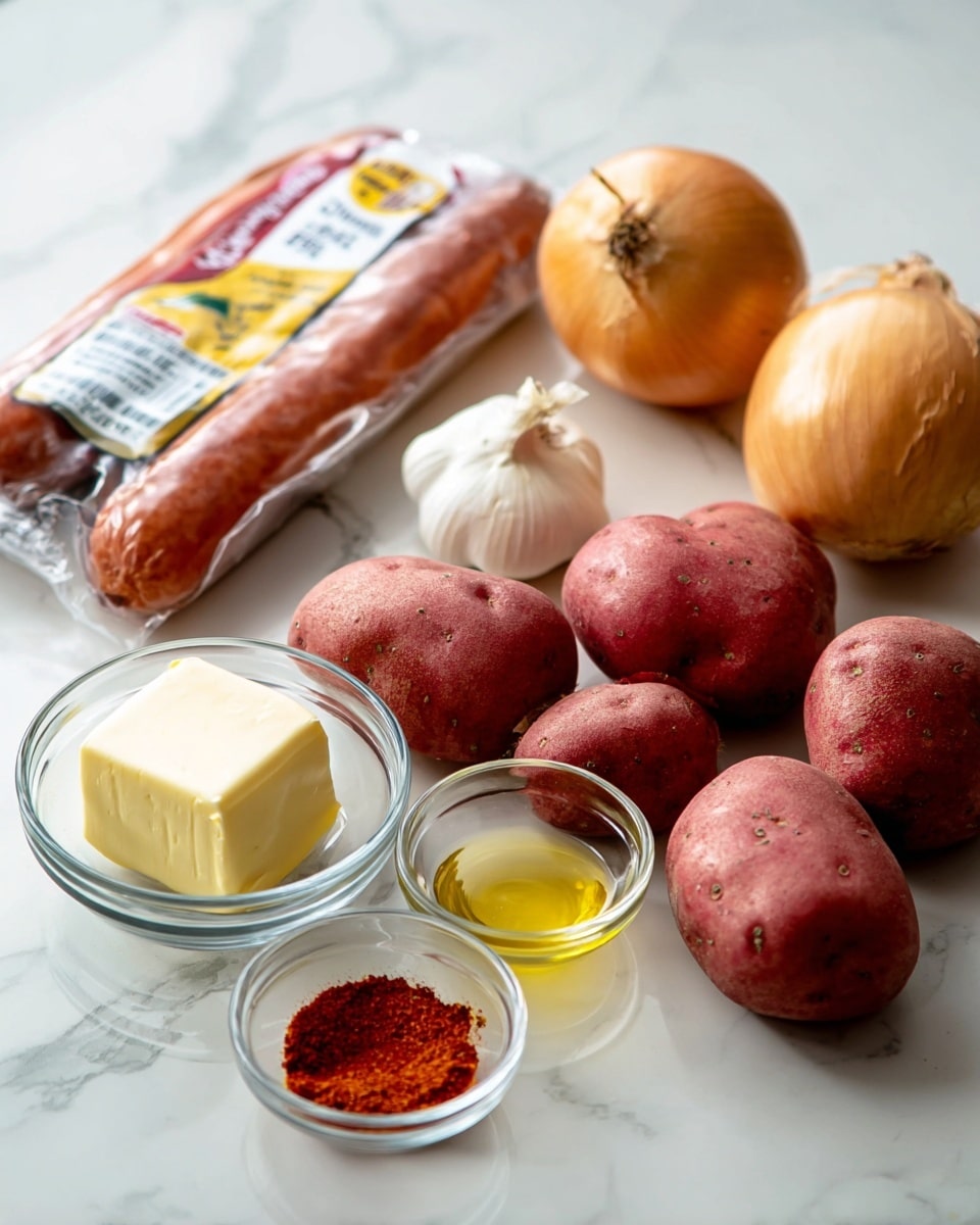 A collection of cooking ingredients is spread out on a white marbled surface. There are six round red potatoes with a slightly rough texture in the center right. To the top right, two whole yellow onions with a smooth brown skin are placed side by side. At the left edge, two garlic cloves are near a package of smoked sausage in clear plastic wrapping. In front of the potatoes, small glass bowls hold a cube of pale yellow butter, a small amount of clear cooking oil, and some bright red ground spice. A carton of broth sits partially visible on the far left side. The scene is bright and well-lit, showing different textures and colors clearly photo taken with an iphone --ar 4:5 --v 7