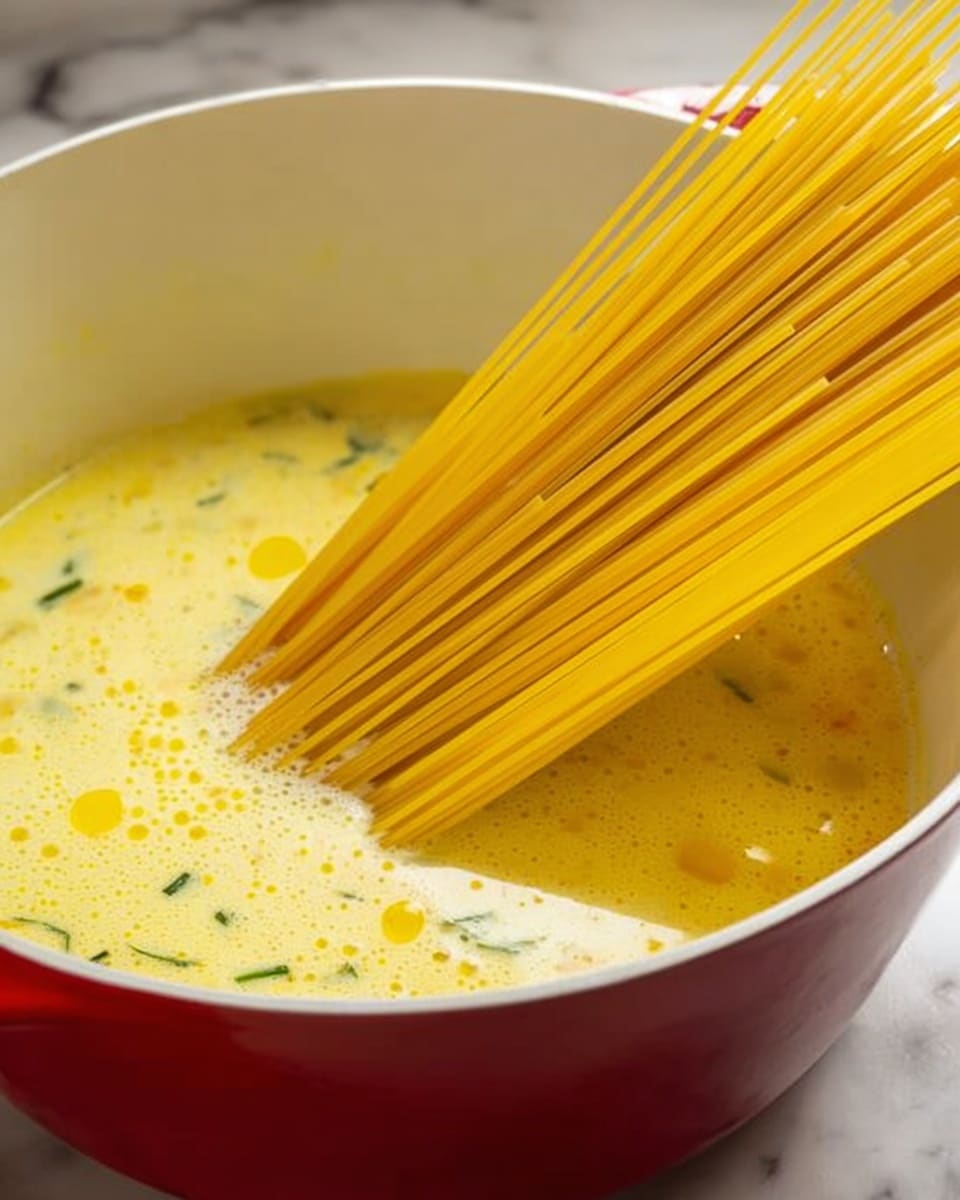 A close-up image shows a large white pot with a red outside, filled with a pale yellow creamy liquid mixed with small green bits and round drops of oil floating on top. A bunch of uncooked yellow spaghetti noodles are placed diagonally, partly dropped into the liquid, with the rest extending out of the pot. The background has a white marbled texture. Photo taken with an iphone --ar 4:5 --v 7