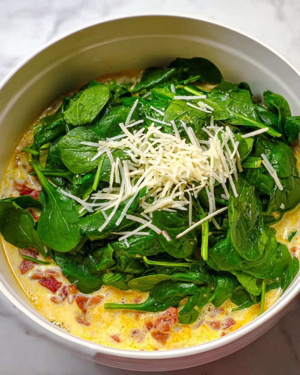 A white bowl filled with several layers: at the bottom, a creamy yellow mixture with bits of pink visible, possibly small pieces of tomato or meat; on top of this creamy layer, there is a thick pile of fresh, bright green spinach leaves spread unevenly; scattered lightly on top of the spinach are thin shreds of white cheese. The background shows a white marbled surface. photo taken with an iphone --ar 4:5 --v 7