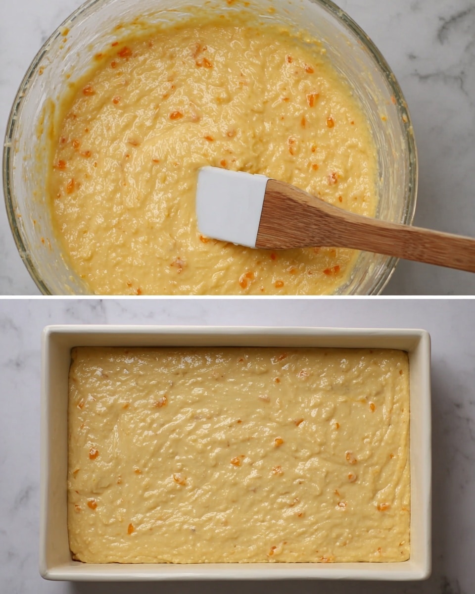 The image shows two views of a thick yellow cake batter with small orange chunks spread evenly. On the left, the batter is in a clear glass bowl with a wooden spatula with a white silicone tip resting inside, showing a textured mix with bubbles and fruit pieces. On the right, the batter is smoothed out in a white rectangular baking pan, with a creamy and slightly bumpy surface evenly filling the pan in one layer. Both are placed on a white marbled surface. photo taken with an iphone --ar 4:5 --v 7