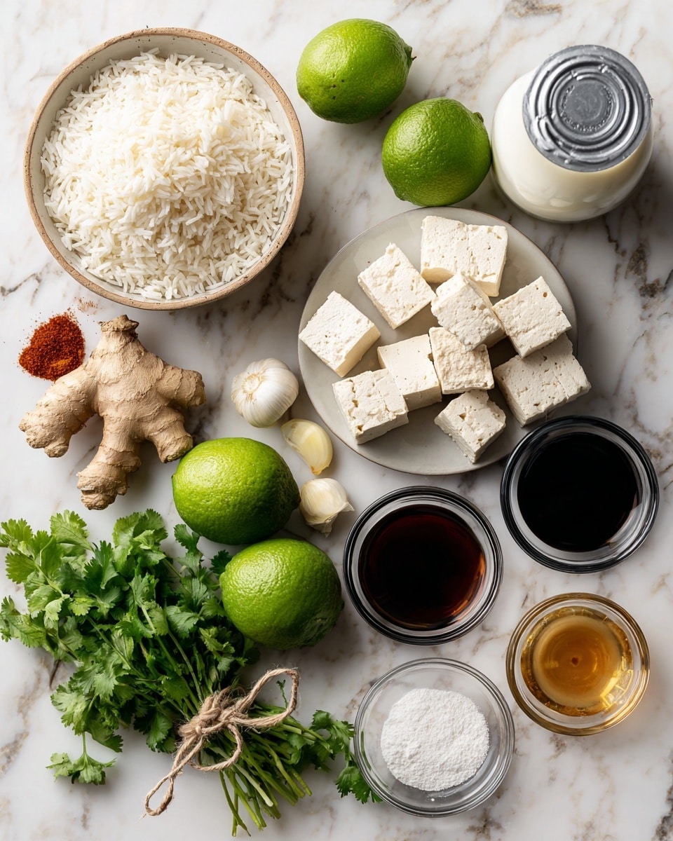 The image shows ingredients for a dish on a white marbled surface. There is a white bowl filled with white jasmine rice to the left and a white plate with firm tofu cubes above it. A silver can of coconut milk lies on its side near the center right. Below, there are two whole green limes, a small bunch of fresh green cilantro tied with twine, and a fresh piece of beige ginger root. A peeled clove of white garlic is beside small clear glass bowls holding red paprika powder, white cornstarch, light yellow avocado oil, dark soy sauce, and amber maple syrup. The items are spaced evenly and neatly arranged. Photo taken with an iphone --ar 4:5 --v 7