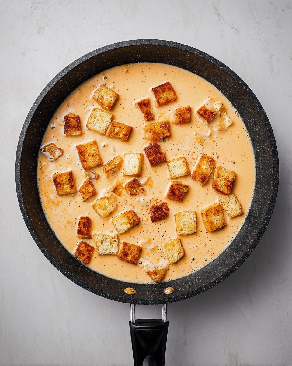A black pan with a handle sits on a white marbled surface, filled with a creamy light orange sauce. Scattered throughout the sauce are small golden-brown cubes with slightly crispy edges, giving a textured contrast to the smooth liquid. The sauce appears thick and evenly coats the cubes, with a few bubbles near the pan’s edge. Photo taken with an iphone --ar 4:5 --v 7