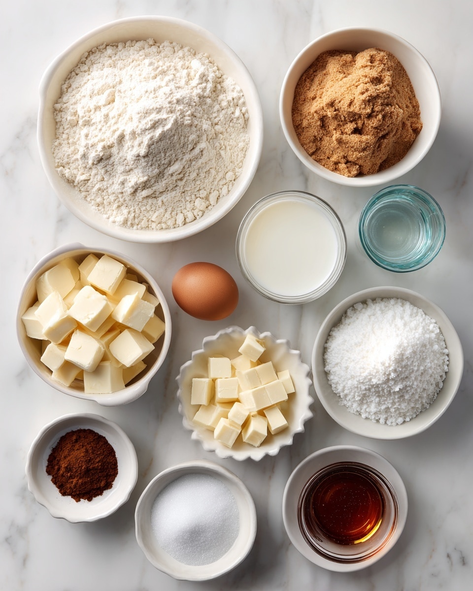 A top view of multiple white bowls and small white dishes on a white marbled surface, each filled with a different baking ingredient. From the top left, a large white bowl is full of light off-white flour with a powdery texture. To the right, a smaller white bowl contains fine white sugar. Below the flour, a single brown egg sits beside a small clear glass with white milk inside. Next to the milk is a medium white bowl filled with packed light brown sugar. Below these, a white bowl holds many small cubes of yellow butter. To its right is a clear glass of water. Below is a white bowl of fluffy white powdered sugar. At the bottom left, a small white dish has dark brown cinnamon powder. Beside it, a small white dish holds fine white kosher salt. Finally, a small white dish on the bottom right contains amber-colored vanilla extract. All items are neatly arranged with clear labels above each ingredient. Photo taken with an iphone --ar 4:5 --v 7