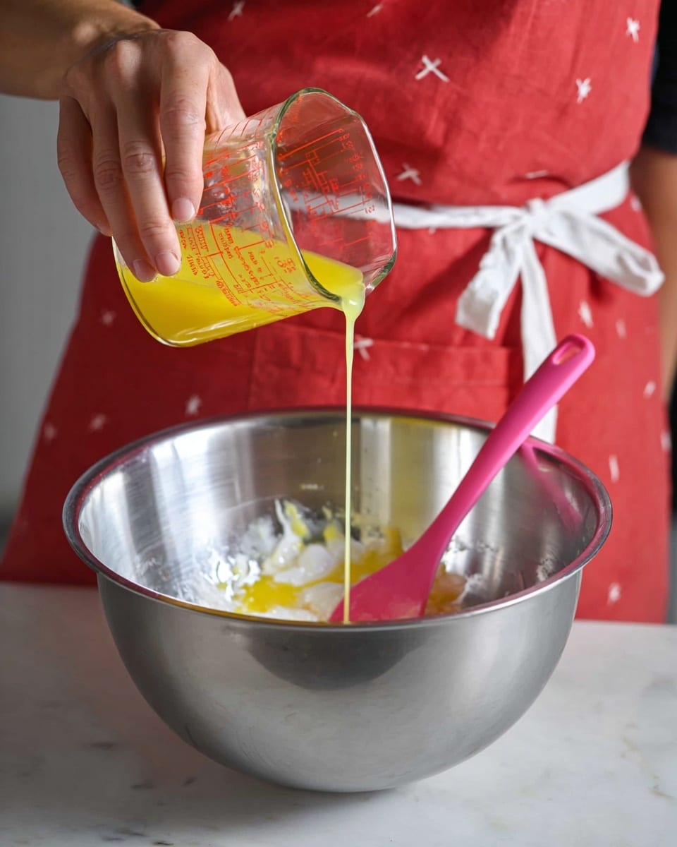 A woman’s hand is pouring a yellow liquid from a clear glass measuring cup into a large silver mixing bowl that already contains some solid pieces at the bottom. A bright pink silicone spatula rests inside the bowl. The person is wearing a red apron with a subtle white cross pattern and a white tied strap around the waist. The scene is set on a white marbled surface. Photo taken with an iphone --ar 4:5 --v 7